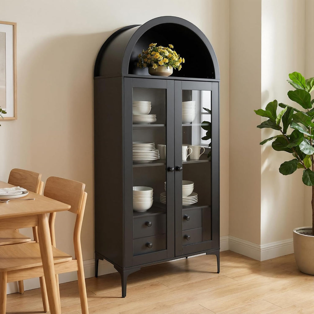 VEVOR Arched Kitchen Pantry Cabinet with Glass Doors, 70in Tall Curio Cabinet, 4-Tier Display Case with 2 Adjustable Shelves, Bookcase Bookshelf for Collectibles Storage Bedroom Living Room Office