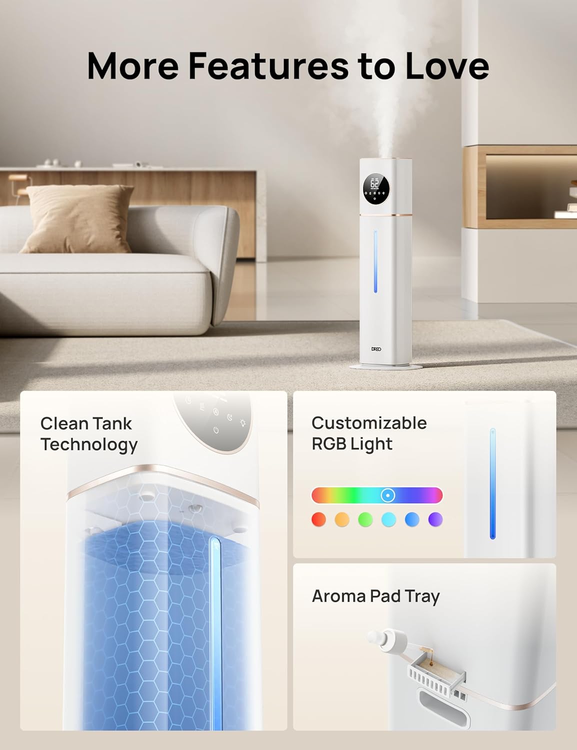 DREO HM735S 11L Smart Humidifier Large Room 700 ft², 100H Cool Mist Air Humidifiers for Bedroom, Top-Fill, Clean Tank Technology, 26dB, Auto Mode, Aroma Box, RGB, Remote & APP Control, Baby, White