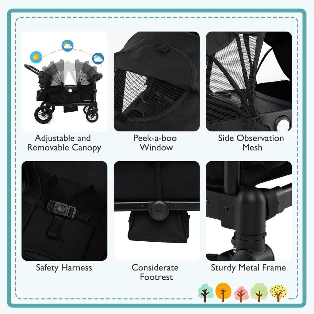 BABY JOY Wagon Stroller for 2 Kids, Collapsible Push Pull Double Stroller Wagon with Adjustable Handle Bar, Removable Canopy, Safety Harness, Cup Holder, Snack Tray & Storage Bag (Black)