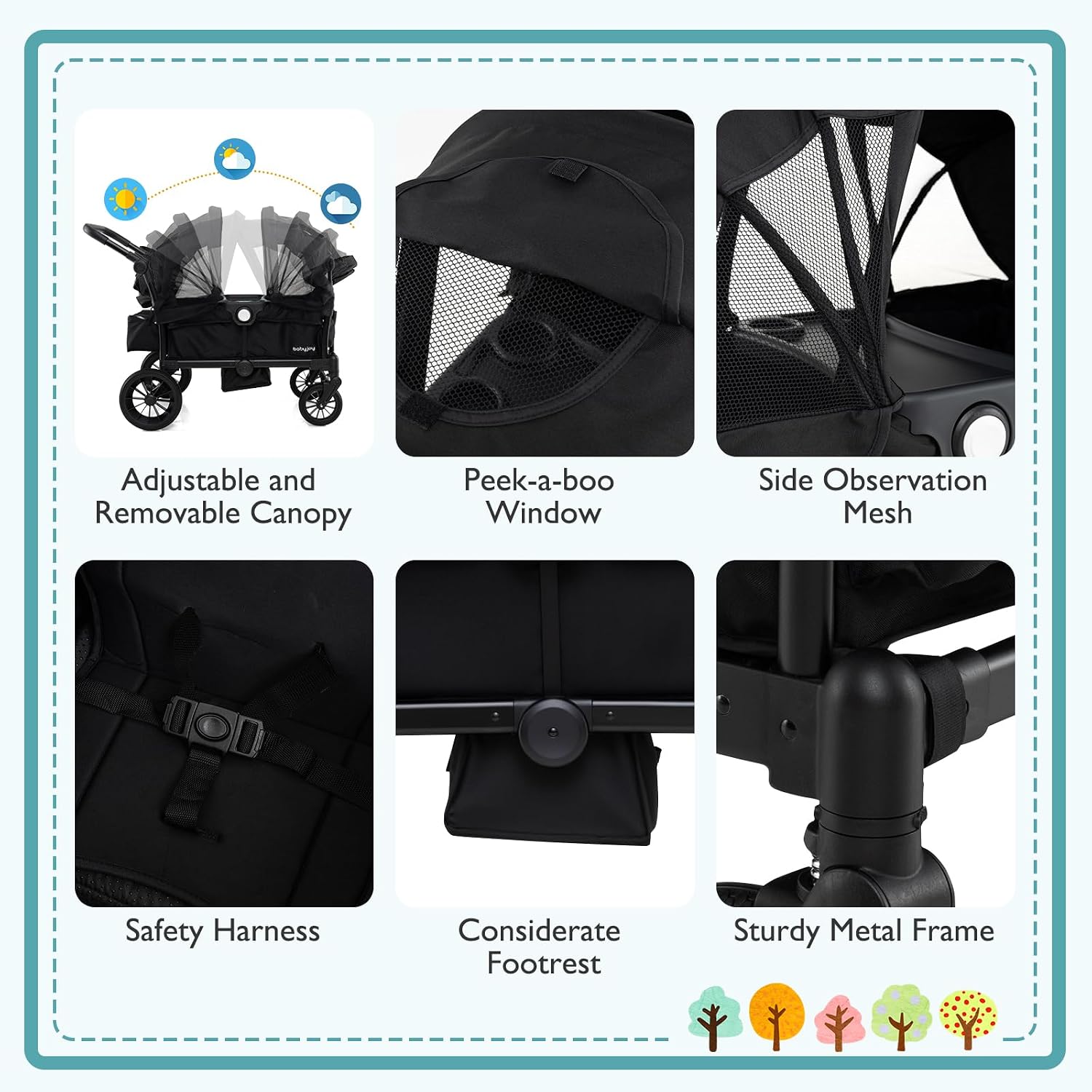 BABY JOY Wagon Stroller for 2 Kids, Collapsible Push Pull Double Stroller Wagon with Adjustable Handle Bar, Removable Canopy, Safety Harness, Cup Holder, Snack Tray & Storage Bag (Black)