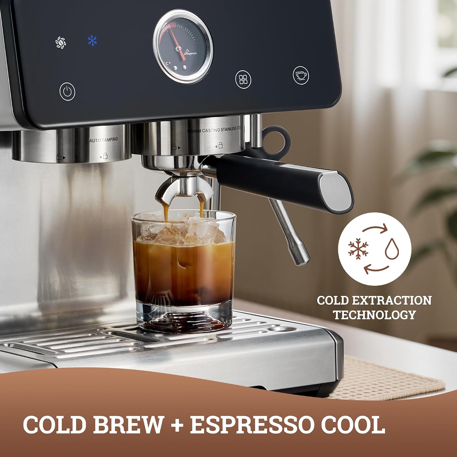 Espresso Machine with Grinder, Auto Distribute & Tamp 15 Bar Semi-Automatic with PID Temperature, Cold Brew Espresso Maker with Milk Frother, 58mm Portafilter for Beginners, Stainless Steel