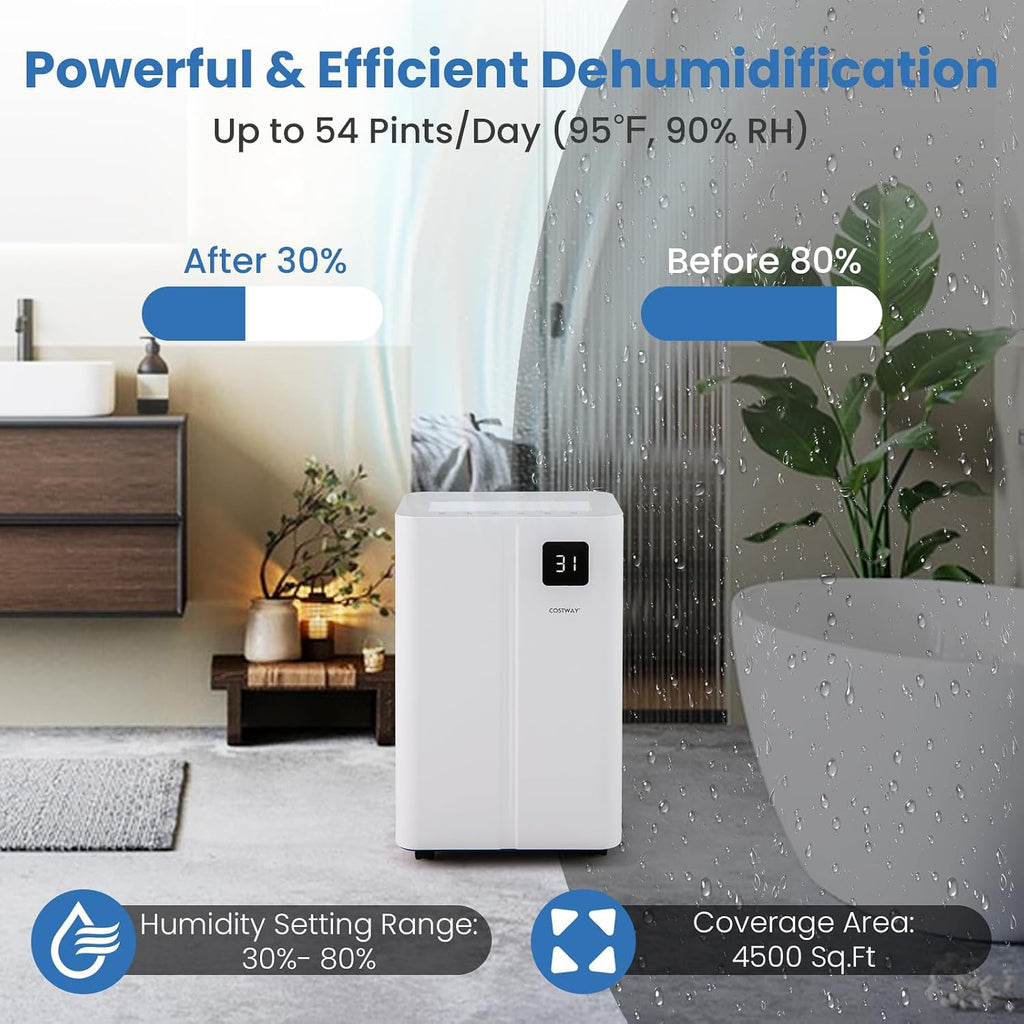 COSTWAY 54 Pints Dehumidifier for Basement, 4500 Sq.Ft Dehumidifier with 3 Modes, 24H Timer, LED Display, 3-Color Indicator Light, Child Lock, Drain Hose & Auto Defrost for Bathroom Bedroom
