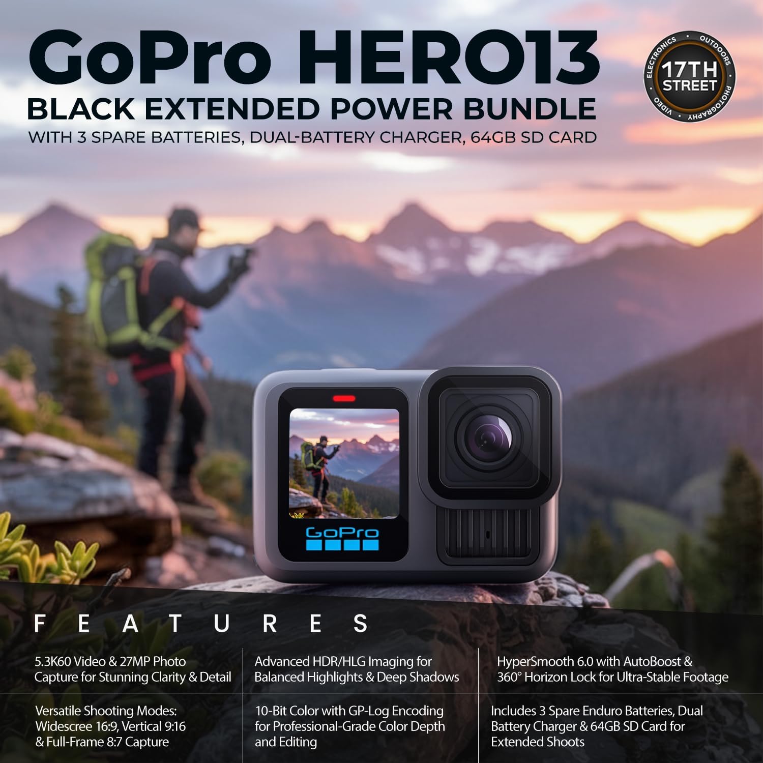 GoPro HERO13 Black Camera with 3 Enduro Batteries | Waterproof 5.3K60 Action Camera with Dual-Battery Charger & SanDisk 64GB Extreme SD Card | Head Strap 2.0 and Handler Floating Handgrip, Bundle Kit
