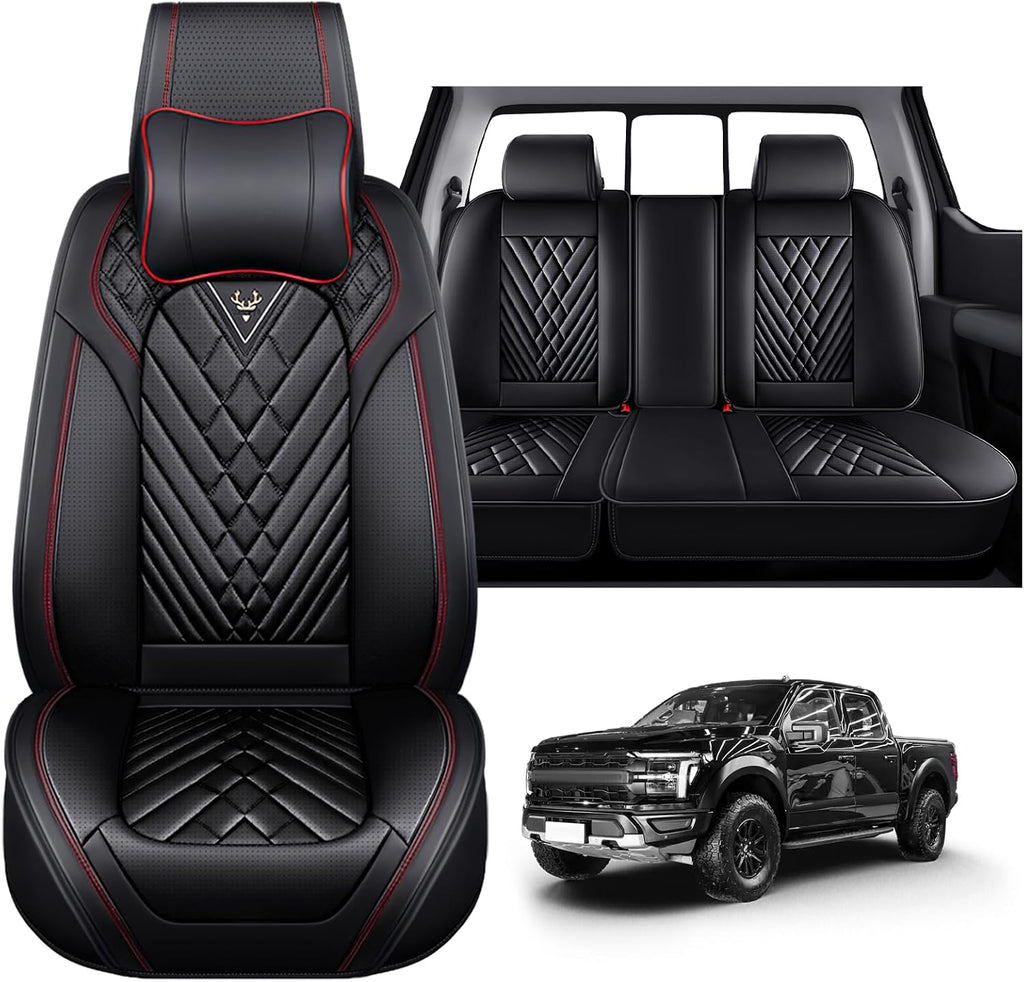 Dodge Ram Truck Seat Covers Custom for 2002-2026 1500 2002-2026 2500/3500 Crew Double Mega Quad Cab Bighorn Laramie Tradesman Classic Full Set Seat Covers Protectors(Luxury 5 Seats/Black Red)