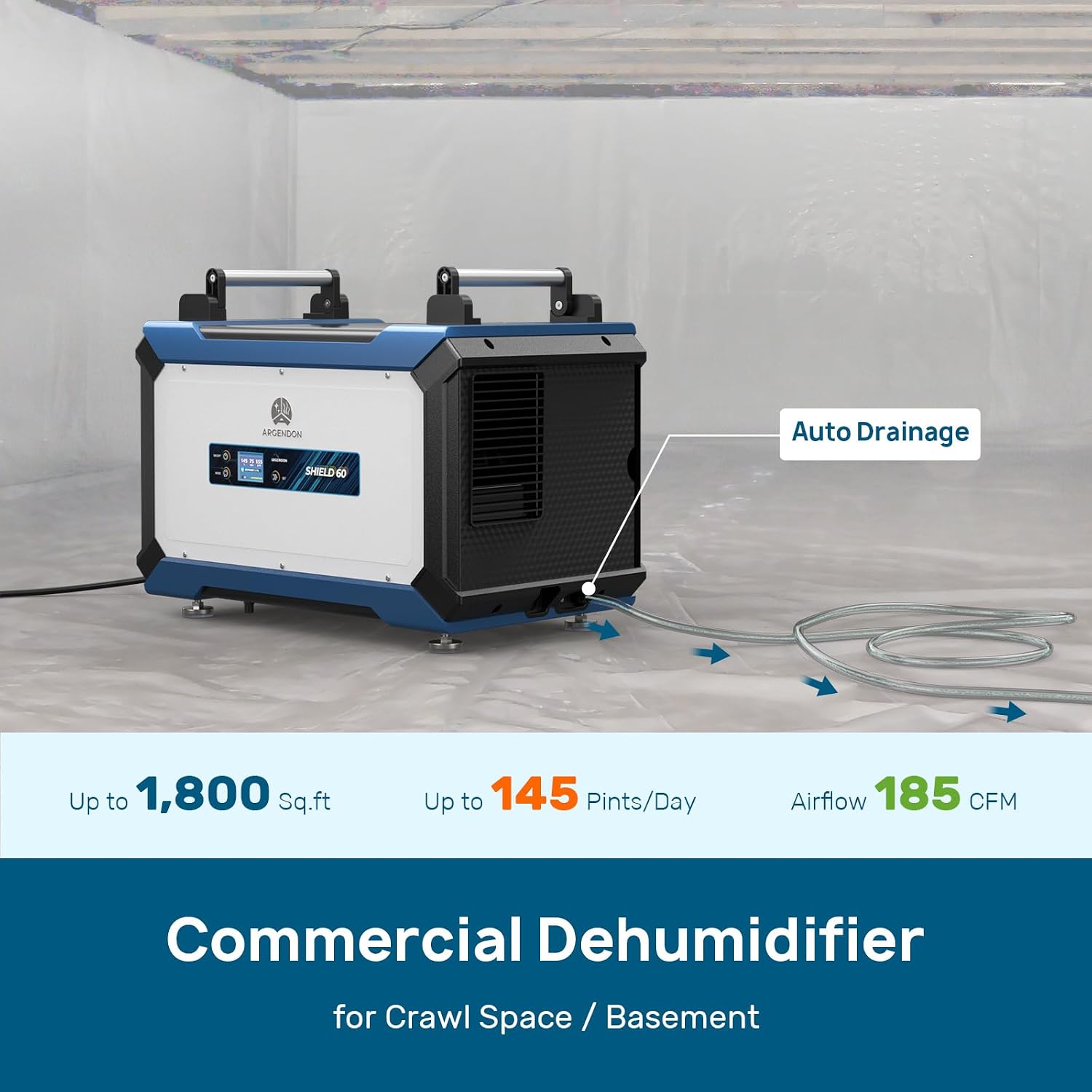 ARGENDON 145 Pint Crawl Space/Basement Dehumidifier with Drain Hose, Commercial Dehumidifiers for Large Space, Industrial, Water Damage, Auto Defrosting, 5 Years Limited Warranty