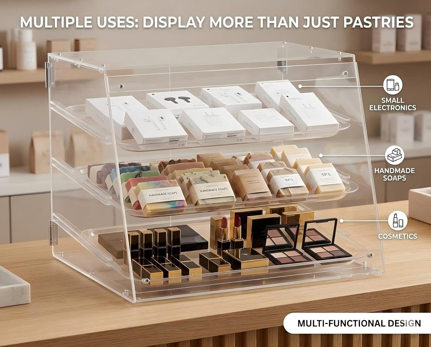 YBSVO 3-Tier Commercial Bakery Display Case, 21-Inch Clear Acrylic Countertop Pastry Showcase with Removable Trays, Food-Grade Dessert Cabinet with Magnetic Back Doors for Cafe, Market, Home