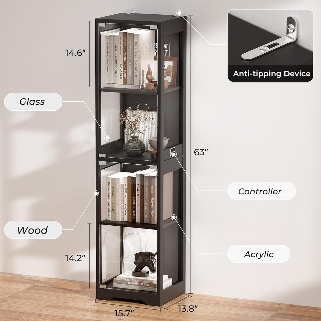 BROTTAR Glass Display Cabinet, 4-Tier Curio Cabinets with 3 Color Lights for Collectibles, Storage Cabinet with Door, Glass Display Case & Bookcase with Human Body Sensor, Black