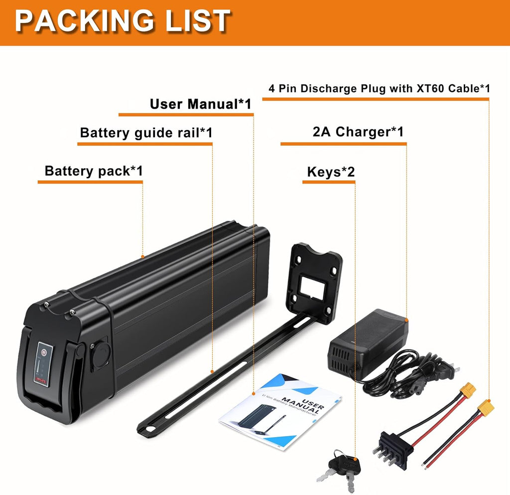 48V E-Bike Battery, Silver Fish Lithium Batteries 30A BMS, Safe Lock, Led Indicator Light for Controller 0W-1000W Motors (48V 10.6AH 0-1000W)