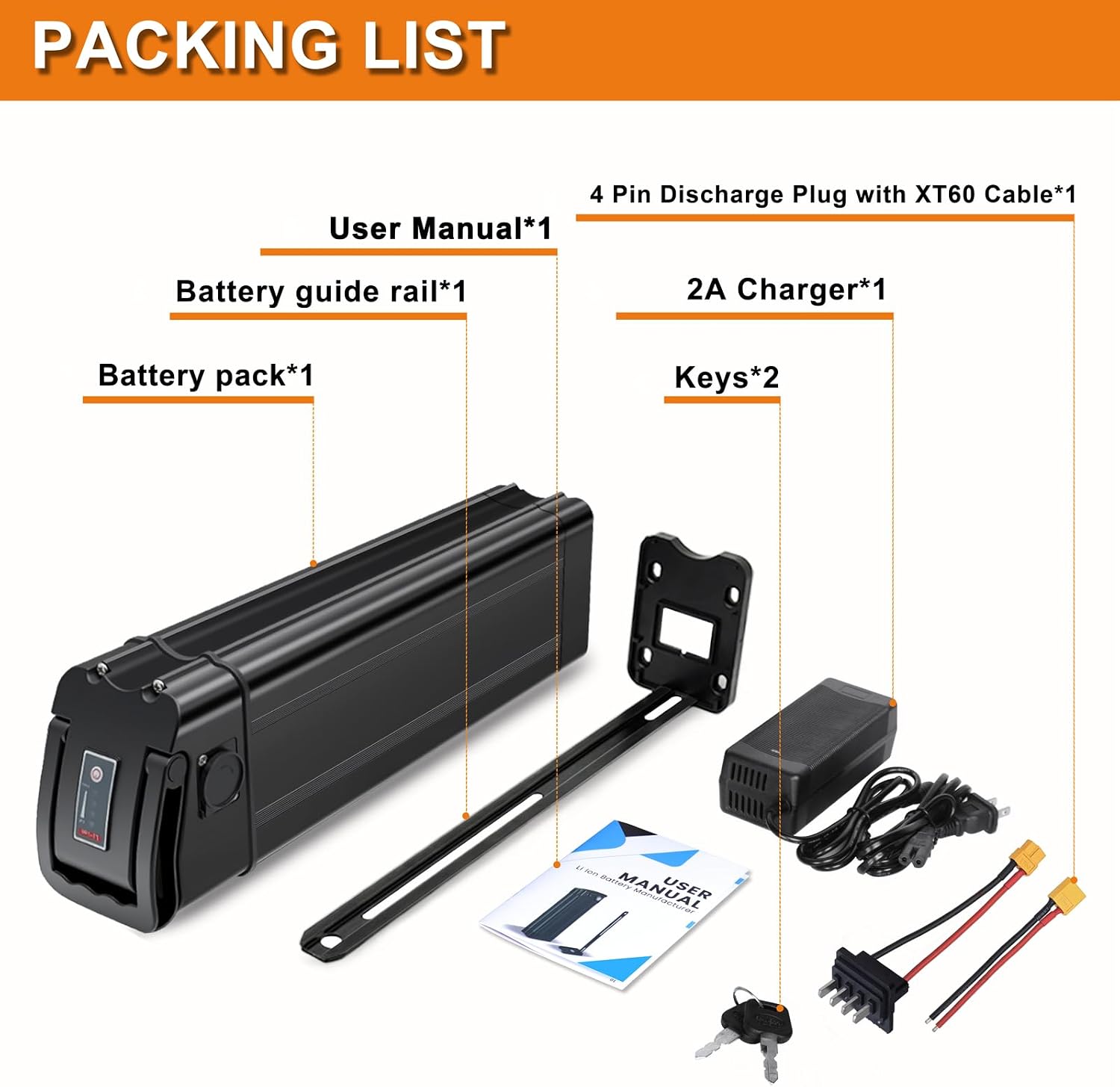 48V E-Bike Battery, Silver Fish Lithium Batteries 30A BMS, Safe Lock, Led Indicator Light for Controller 0W-1000W Motors (48V 10.6AH 0-1000W)