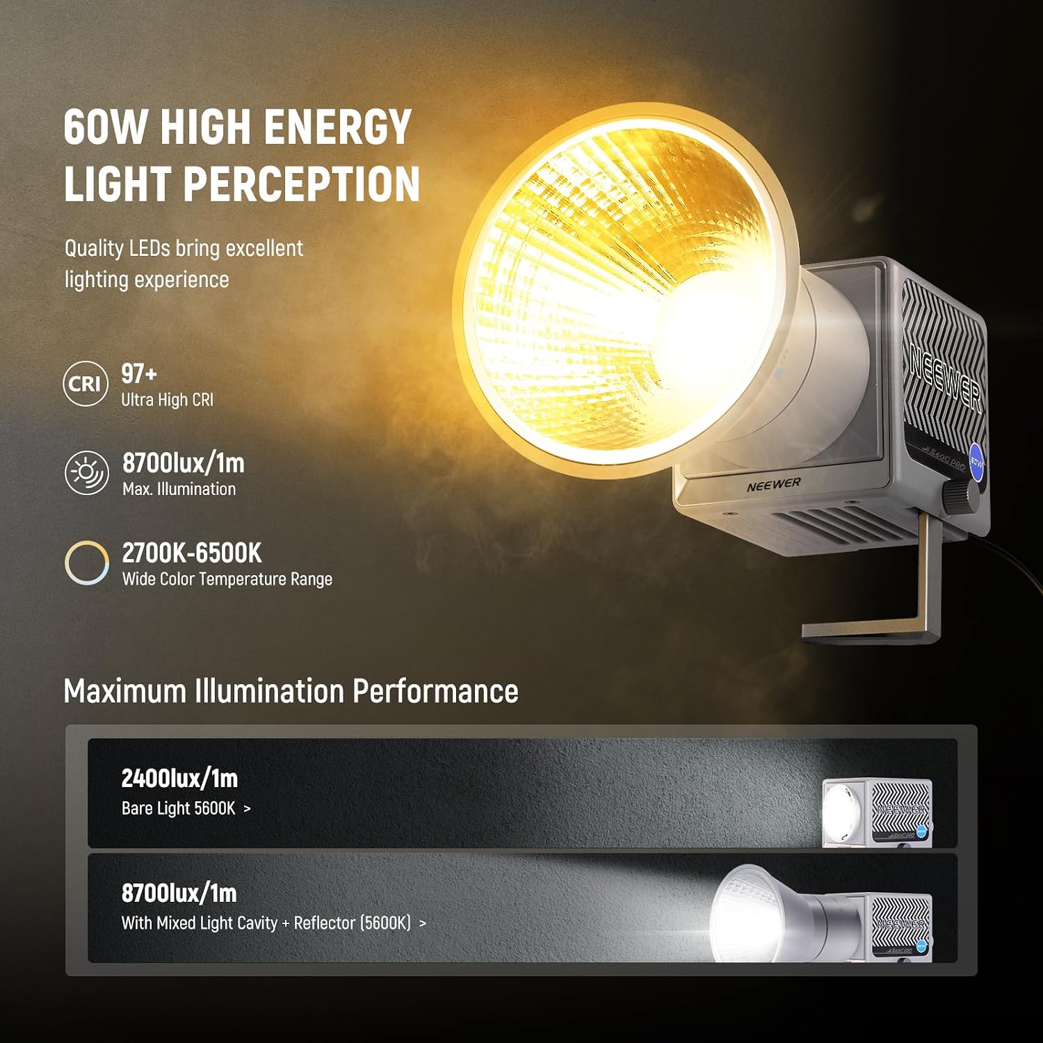 NEEWER HS60C Pro 60W Portable RGB LED Video Light, APP DMX/Panel Control/Custom Effects/Light Group 8700Lx/1m 2700-6500K CRI97+ COB Continuous Output Lighting for Video Recording Studio Photography