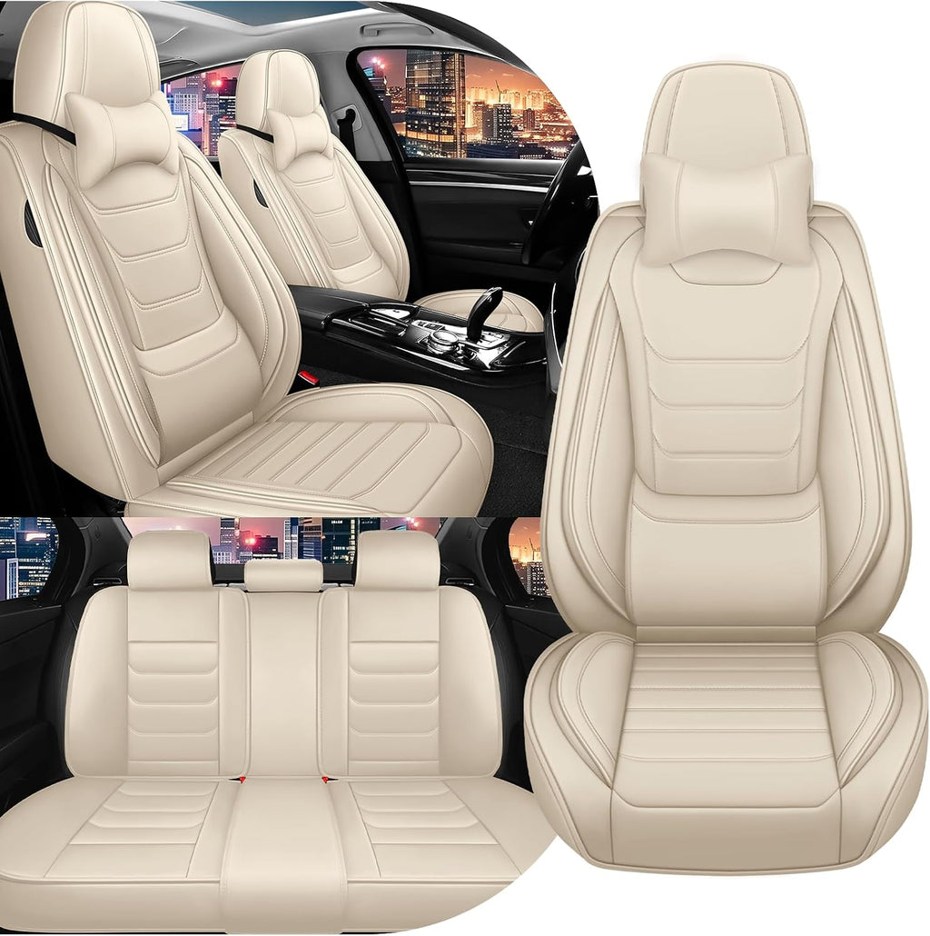 Car Seat Cover Full Set for Kia EV9 Seat Covers 2024-2025, Nappa Leather Waterproof Seat Covers for Cars, Airbag Compatible, Universal Automotive Seat Covers(Luxury Full Set/Beige)
