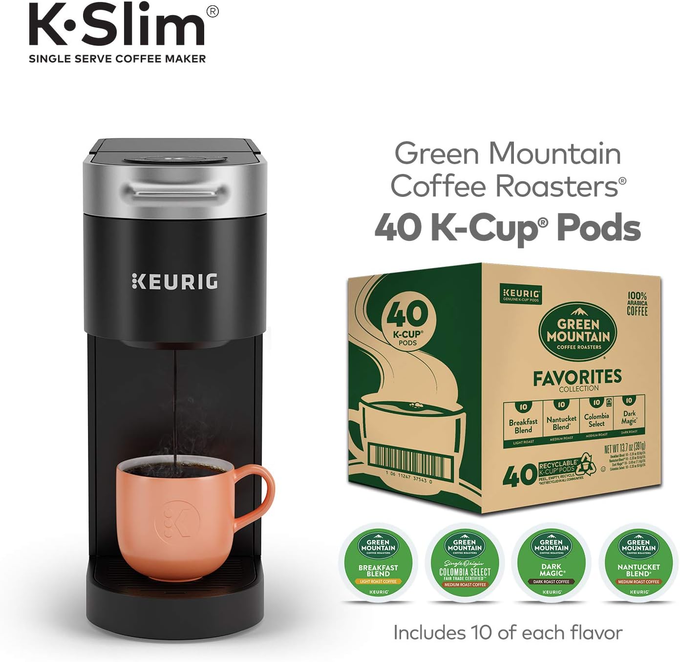 Keurig K-Slim Maker with Green Mountain Coffee Roasters Favorites Collection Variety Pack, 40 Count