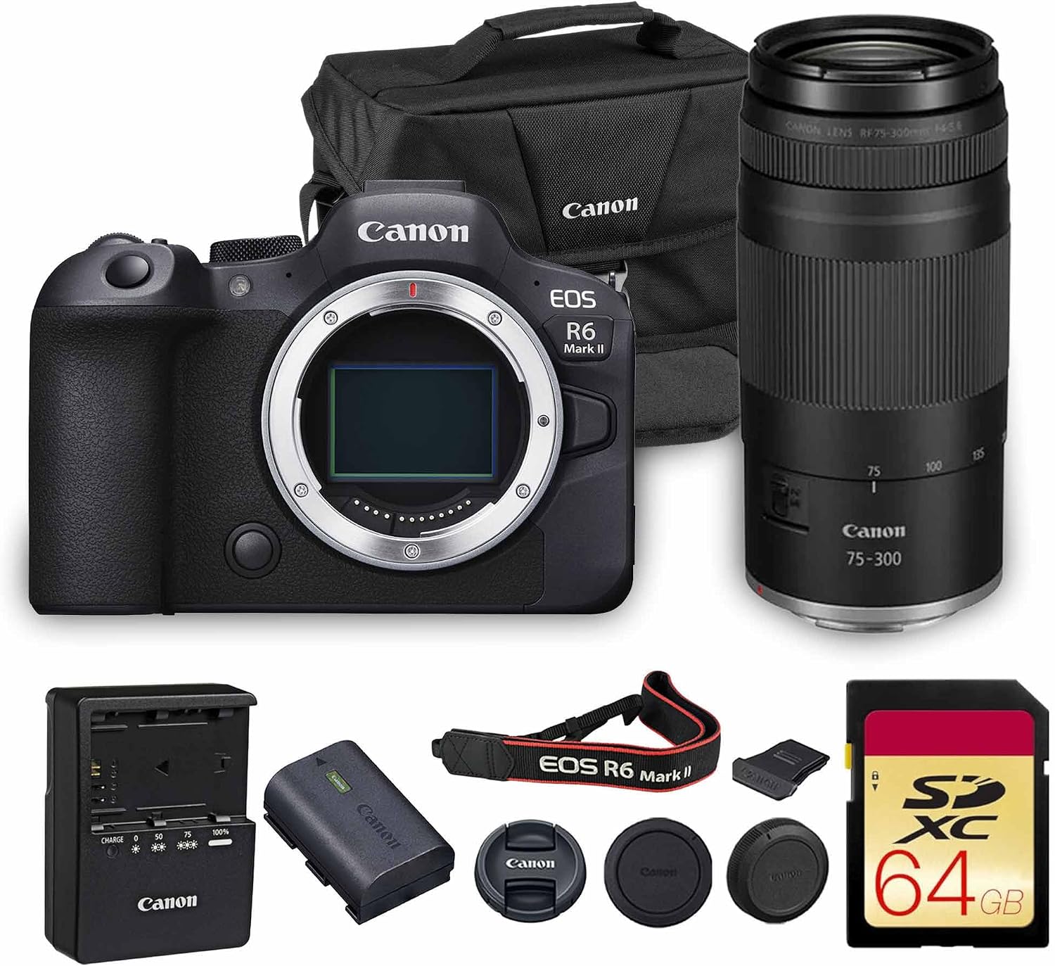 Canon EOS R6 Mark II Mirrorless Camera | 24.2MP Full Frame Sensor 4K 60p Video | Dual Pixel AF in-Body Stabilization for Professionals (5666C002) + Canon RF 75-300mm Lens + 64GB Card + Bag