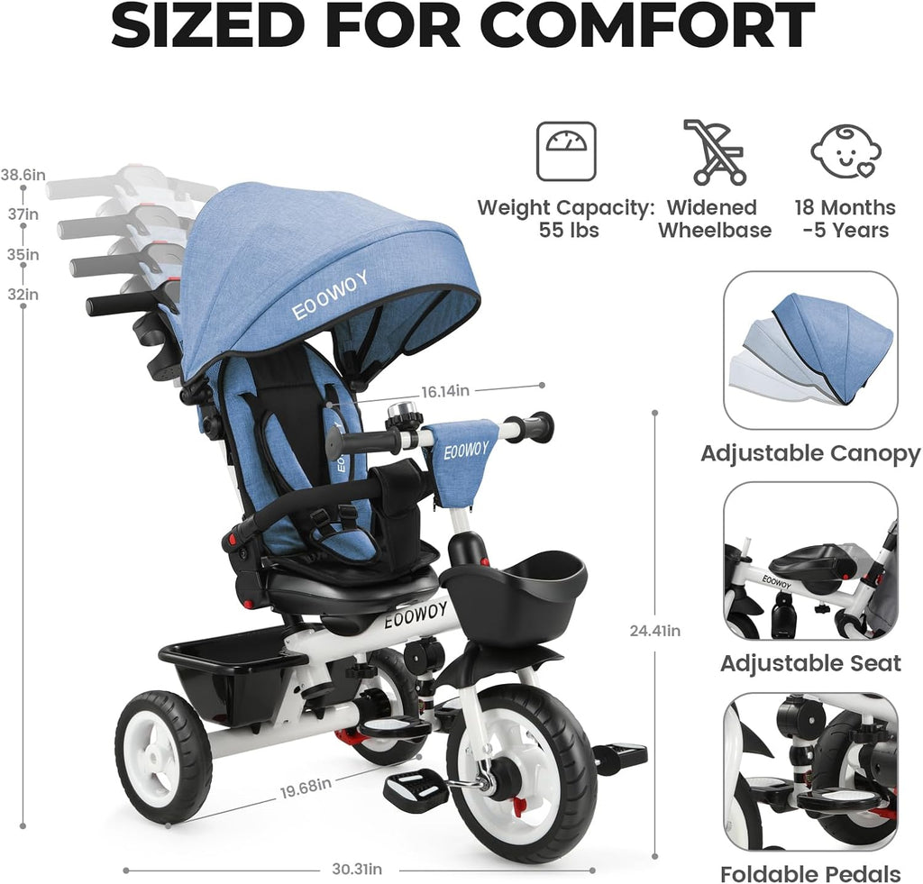EOOWOY Toddler Tricycle with Push Handle, 7 in 1 Stroller Trike with 360° Swivel Seat, Reclining Backrest, All-Terrain Wheels, Dual Brakes, Canopy & Storage, Gift for Kids 18 Months to 5 Years, Blue