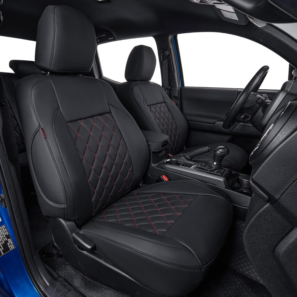 coverdream Custom Front Seat Covers Compatible with Select Toyota Tacoma Double Cab 2016 2017 2018 2019 2020 2021 2022 2023 Models - Leatherette (Red/Black,Full Set)
