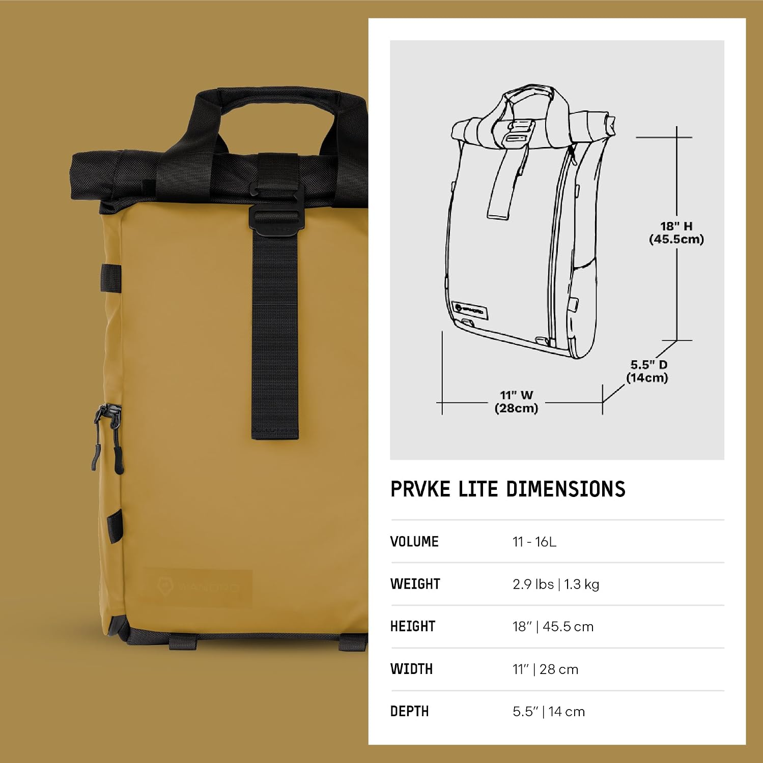 WANDRD PRVKE Lite: Weather-Resistant Travel & Camera Backpack with Laptop Sleeve, Quick Side Access, Clamshell Opening – Ideal Photography & Travel Bag (Dallol Yellow)