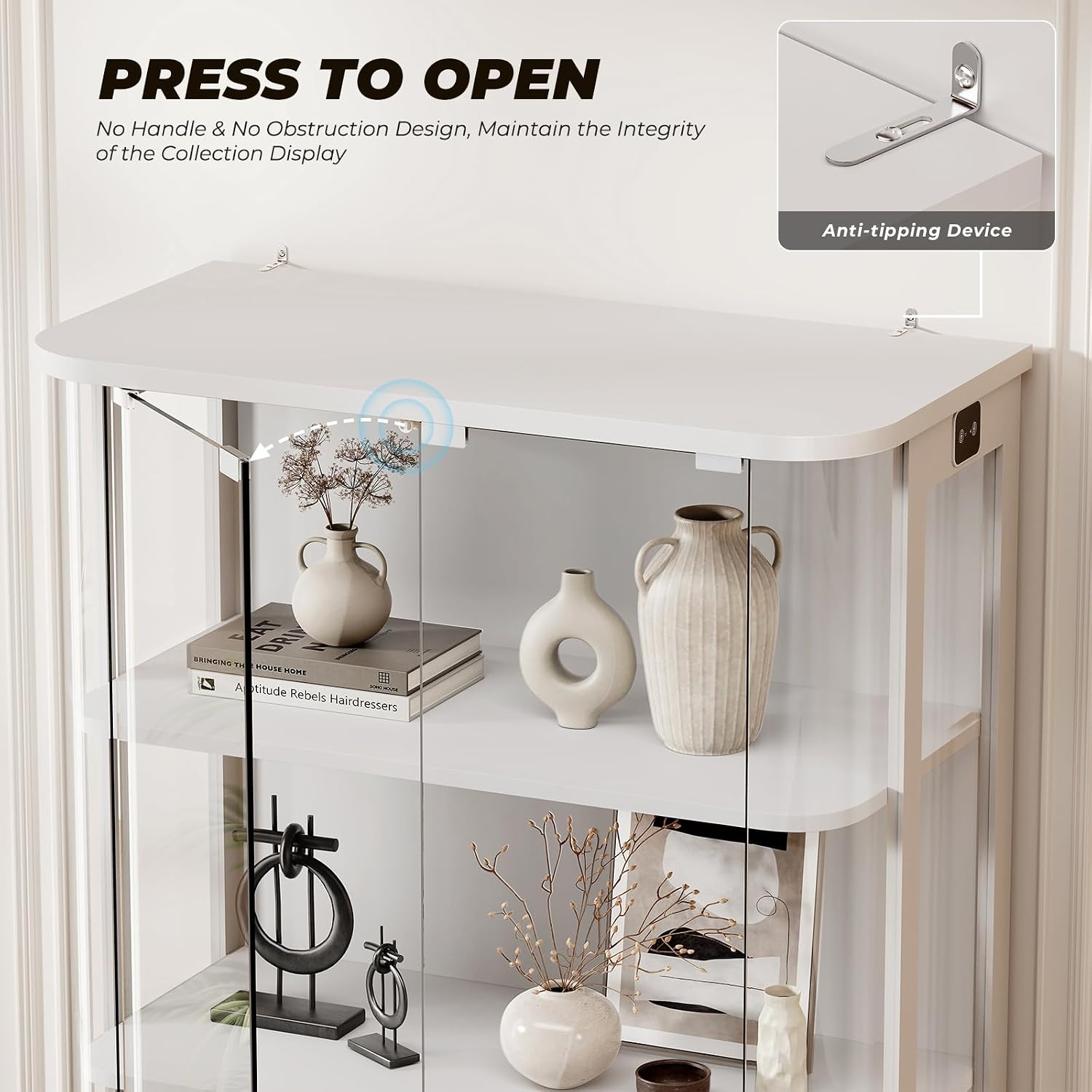 BROTTAR Rounded Display Cabinet with Glass Door, 3-Tier Curio Cabinet with 3 Color Lights for Collectibles, Glass Display Case with Transparent Full-Display Surface, Human Body Sensor, White
