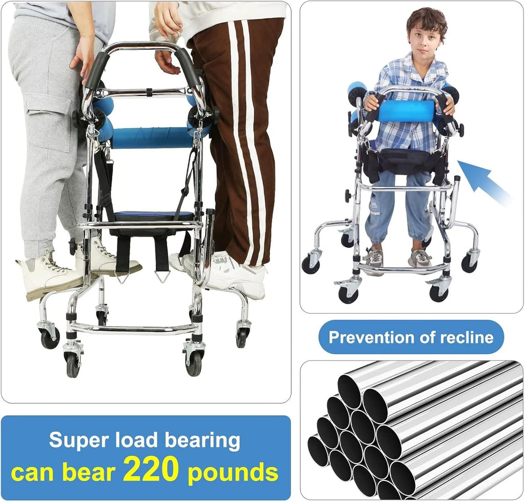 6-Wheels Walkers Disabled Children Cerebral Palsy Disabled Kids Walker, Upgrade Double Cushion Auxiliary Equipment Rehabilitation Standing Walking Aid for Lower Limb Training and Assis