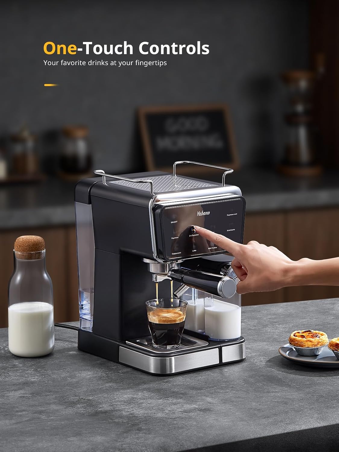 Yabano Espresso Machine with LED Touch Screen, 20 Bar Pressure & Automatic Milk Frother, 1.5L Water Tank, for Cappuccino, Americano & Latte, 1350W