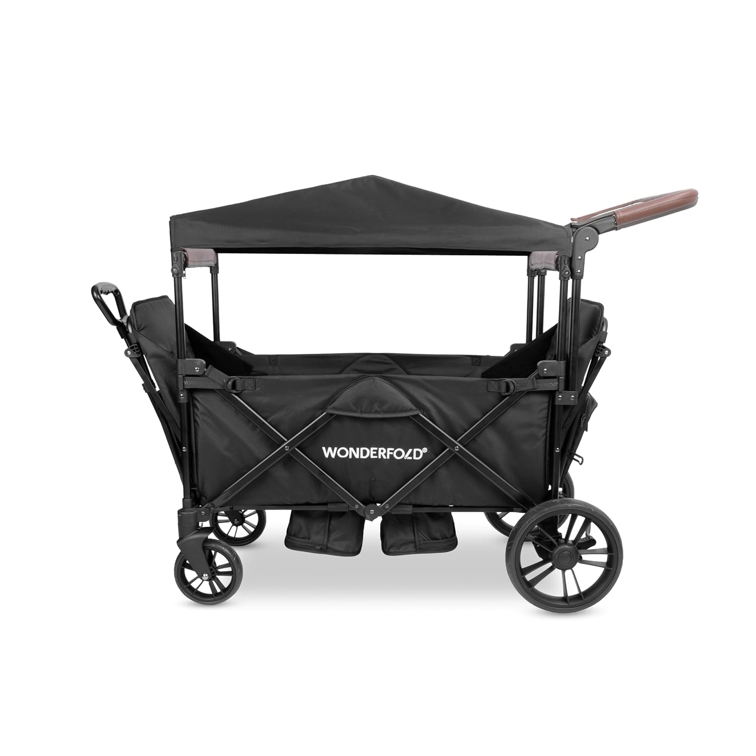 WONDERFOLD X2R Rev Stroller Wagon (2 Seater) - Collapsible Stroller Wagon with 5-Point Seatbelt Harnesses, Reclining Seats & Footwells, Black