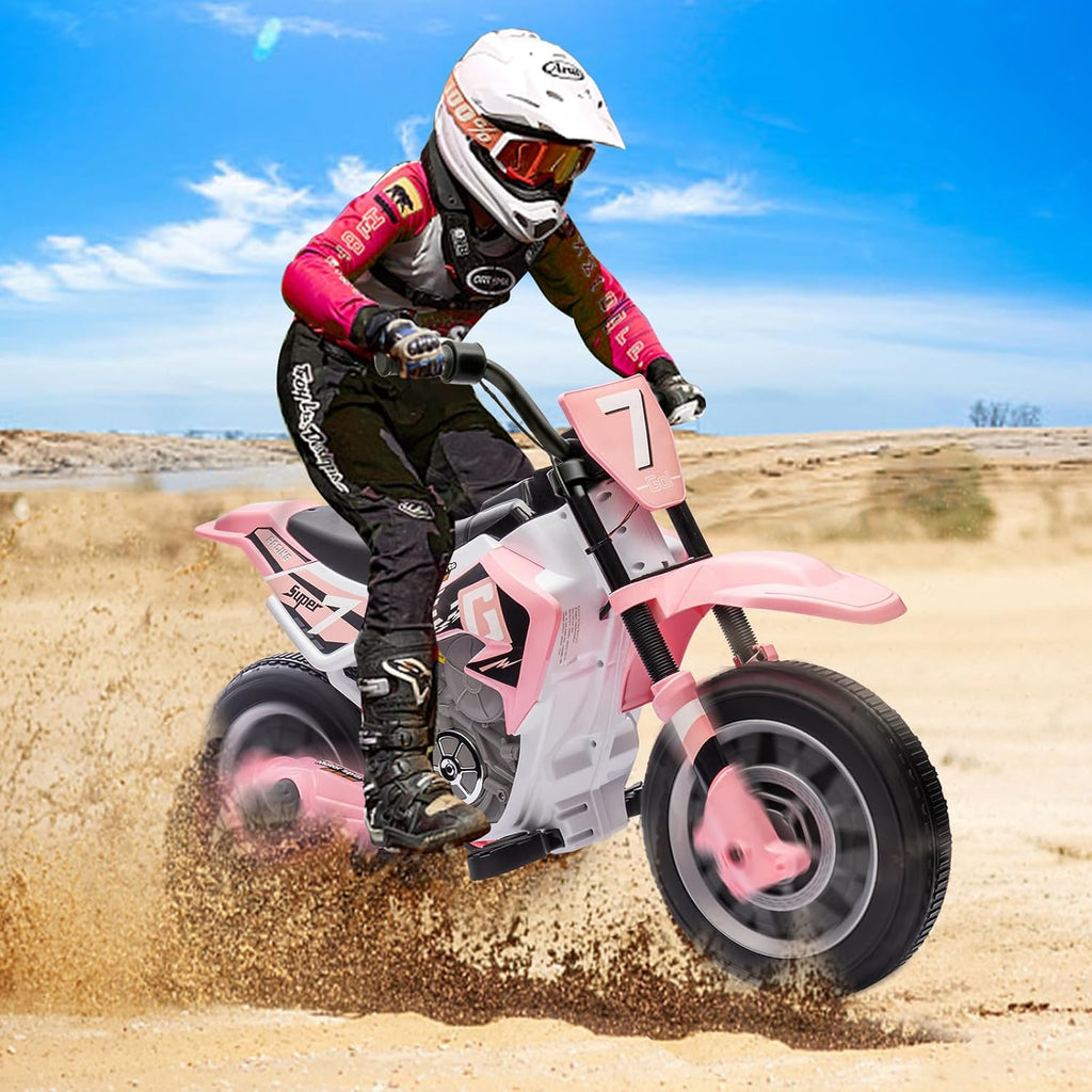 JOYLDIAS Kids Motorcycle Dirt Bike, 12V7AH Battery-Powered Ride On Motorcycle for Kids, Off-Road Street Bike w/Music, Training Wheels, Spring Suspension, High/Low Speeds, Pink