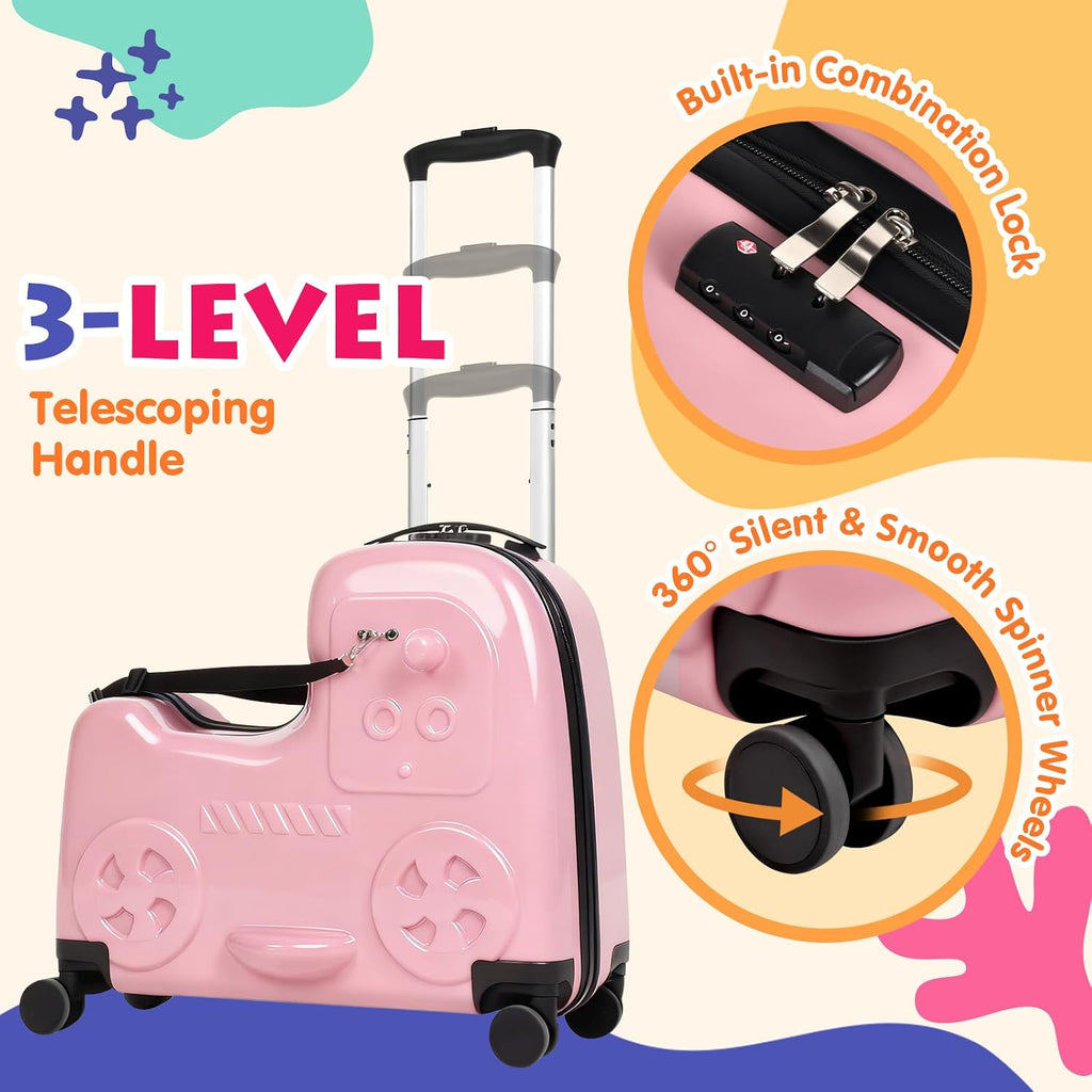 smilesun 22' Kids Ride-On Suitcase with Safety Strap, Multifunctional Kids' Luggage with Double Spinner Wheels, Durable and Lightweight for Boys and Girls Ages 2-10（Pink）