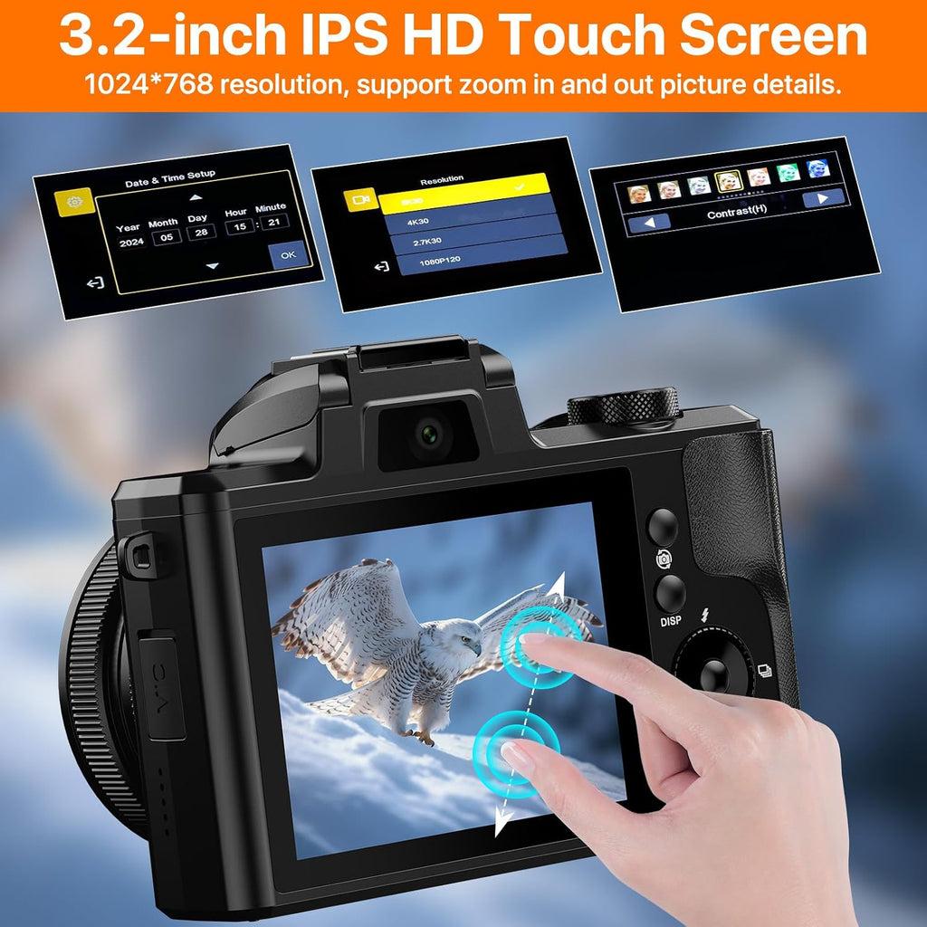 5K Digital Camera 64MP Cameras for Photography, 5X Optical Zoom Compact Travel Camera Front and Rear Dual Cameras Vlogging Camera for YouTube with 3.2' IPS Touchscreen, 64G TF Card, 2 Batteries