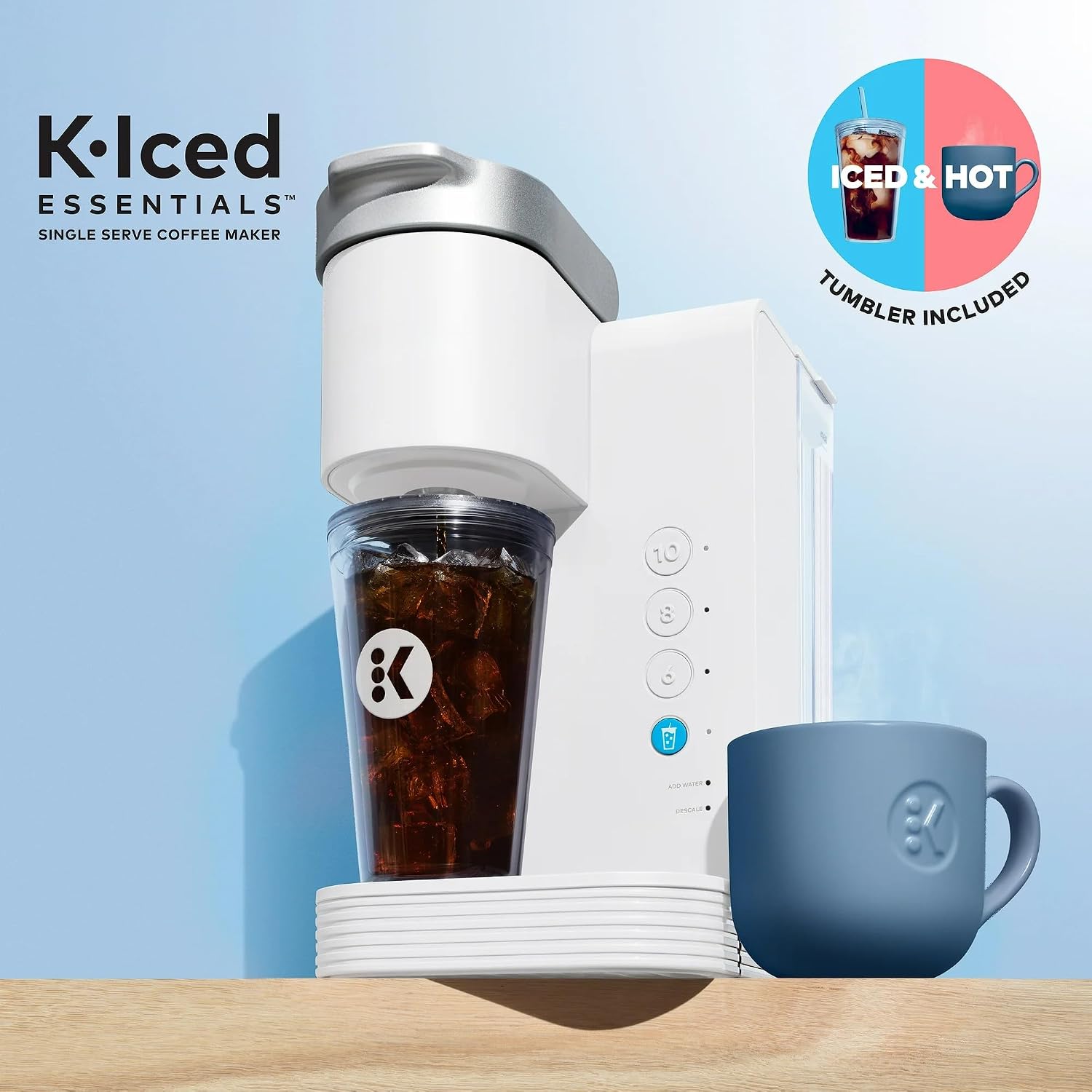 KeurigK K-Iced Essentials Coffee Maker, Iced and Hot Single-Serve KCup Pod Brewer with Removable Reservoir and Auto-Off, Energy Efficient, Includes K Iced Tumbler, Compact, White