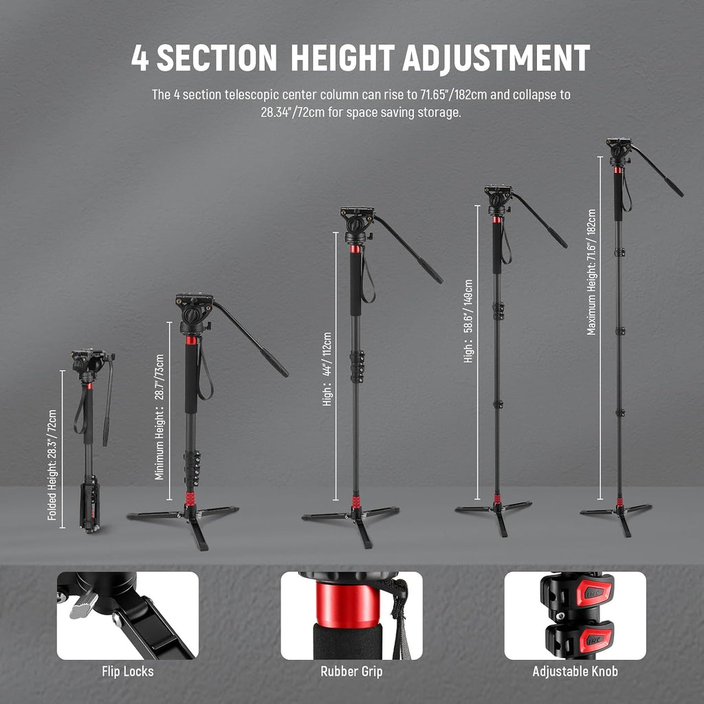 NEEWER 71.6' Pro Camera Monopod with Feet, Carbon Fiber Telescopic Video Monopod with QR Plate Compatible with DJI RS Gimbals, Removable Base for Camera Camcorder, Max Load 13.2lb/6Kg, TP71