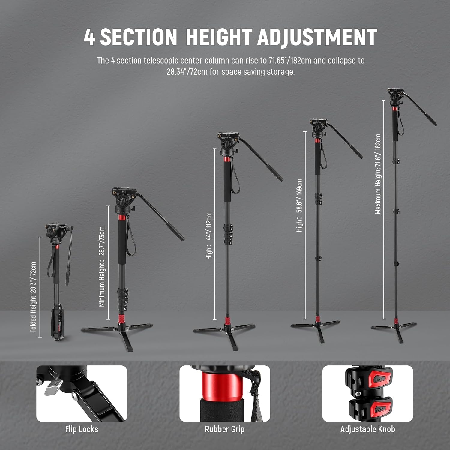NEEWER 71.6' Pro Camera Monopod with Feet, Carbon Fiber Telescopic Video Monopod with QR Plate Compatible with DJI RS Gimbals, Removable Base for Camera Camcorder, Max Load 13.2lb/6Kg, TP71