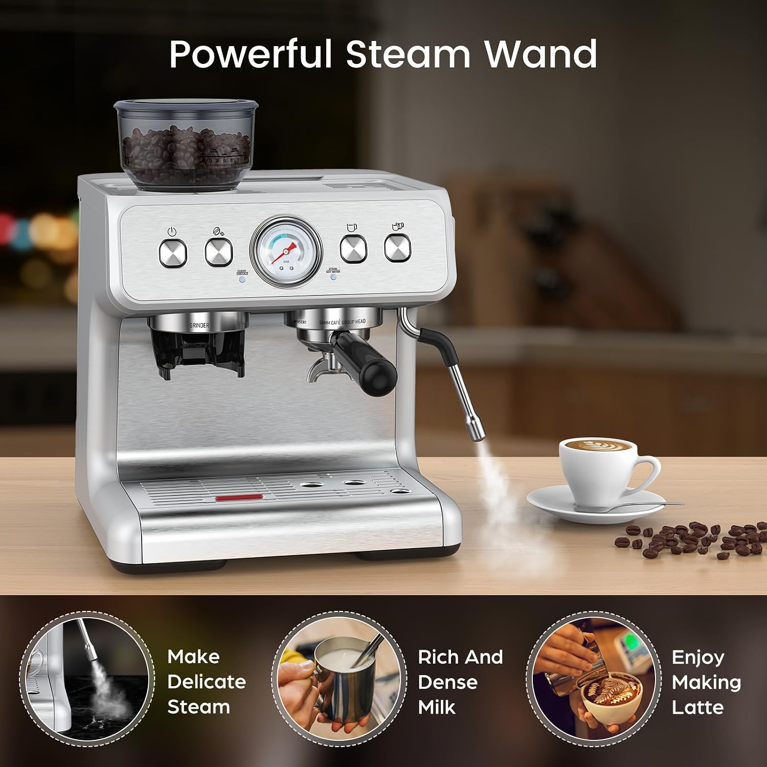 Electactic Espresso Machine with Built-in Grinder, Professional 20 Bar Cappuccino & Latte Machines with Milk Frother, 3-in-1 Stainless Steel Espresso Coffee Maker for Home, Office or Cafe