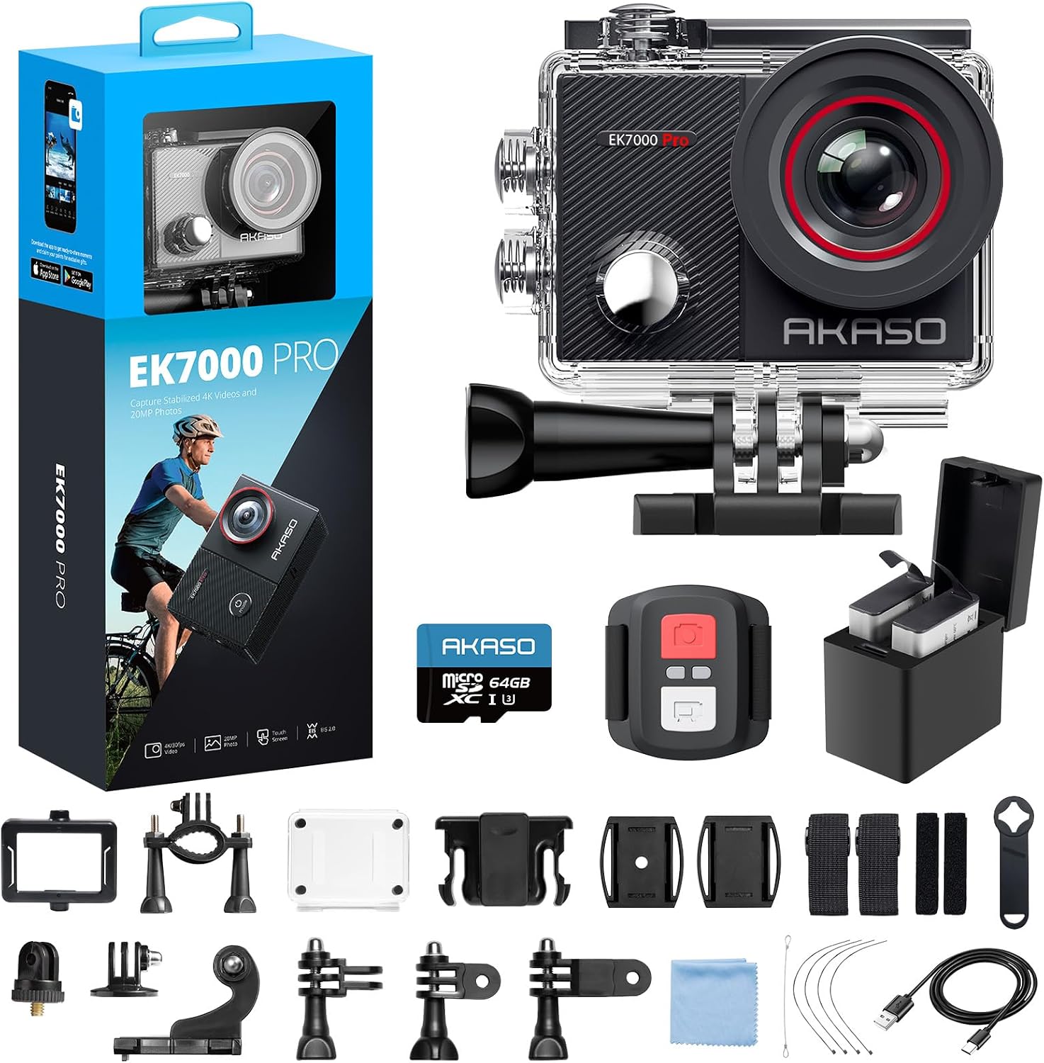 AKASO EK7000 Pro 4K30fps Action Camera with 64GB MicroSDXC U3 Memory Card Accessories Kit Bundle Ultra HD 131FT Waterproof Camera EIS WiFi Remote Control 5X Zoom Underwater Camera