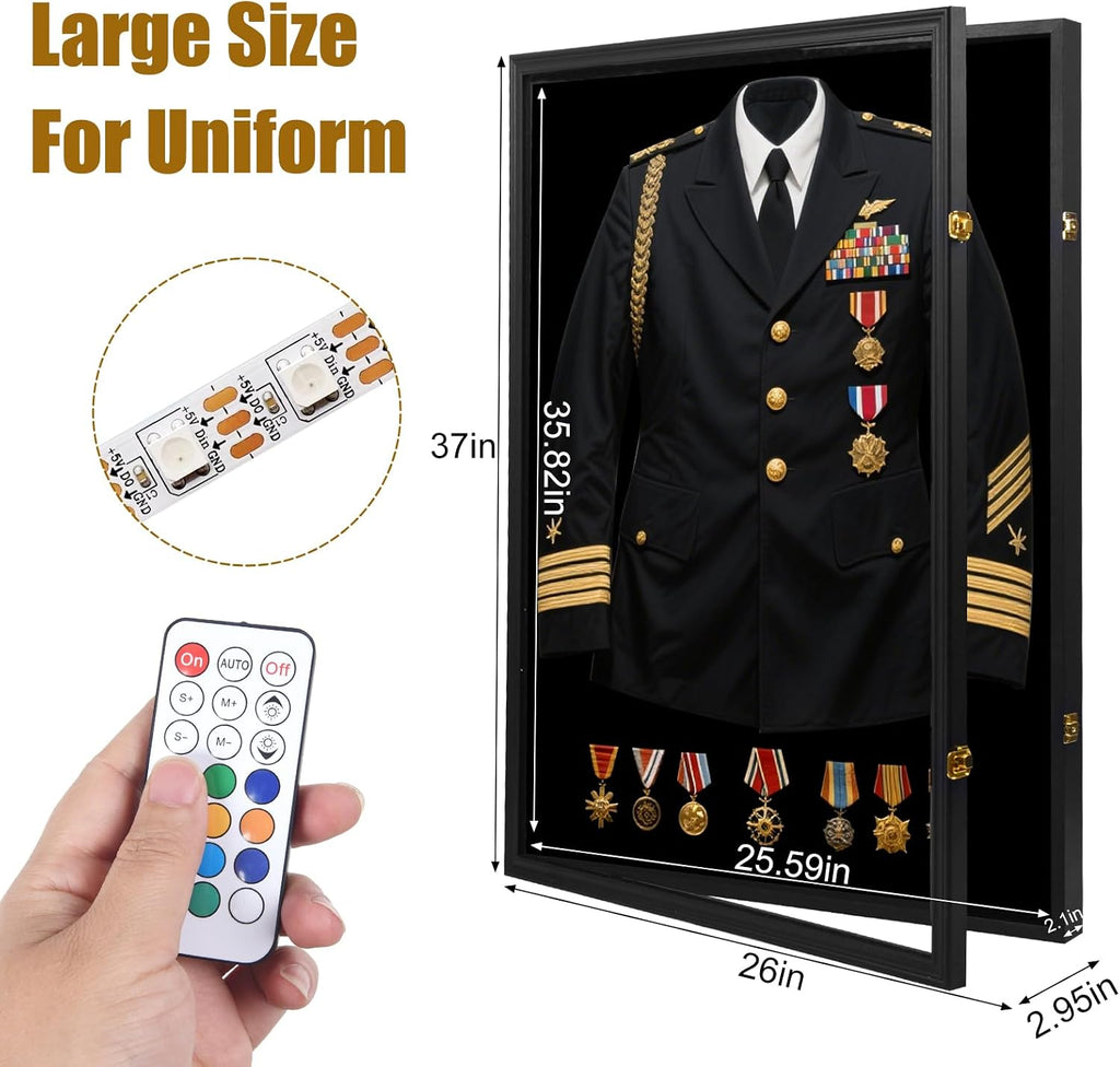 Military Uniform Shadow Box with LED, Police Uniform Display Frame 7 Colors 2 Models with Hanger and Lock for Military Uniforms, Jerseys, Hanging Badges and Medals Flag 35.82'x25.59'x2'