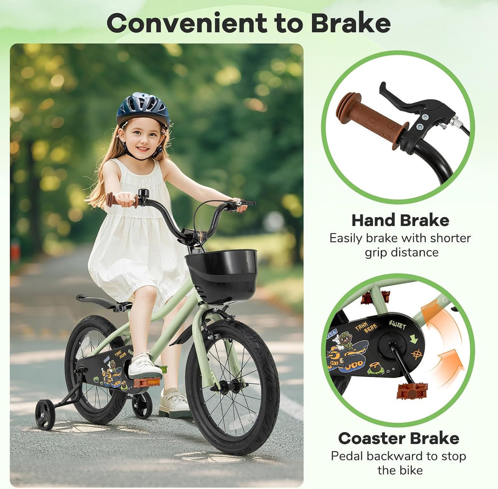 BABY JOY Kids Bike, 12' 14' 16' 18' Tank Bear DIY Children's Bicycle with Training Wheels, Storage Basket, Adjustable Handlebar & Seat, Handbrake & Coaster Brake, Girls Boys Bike