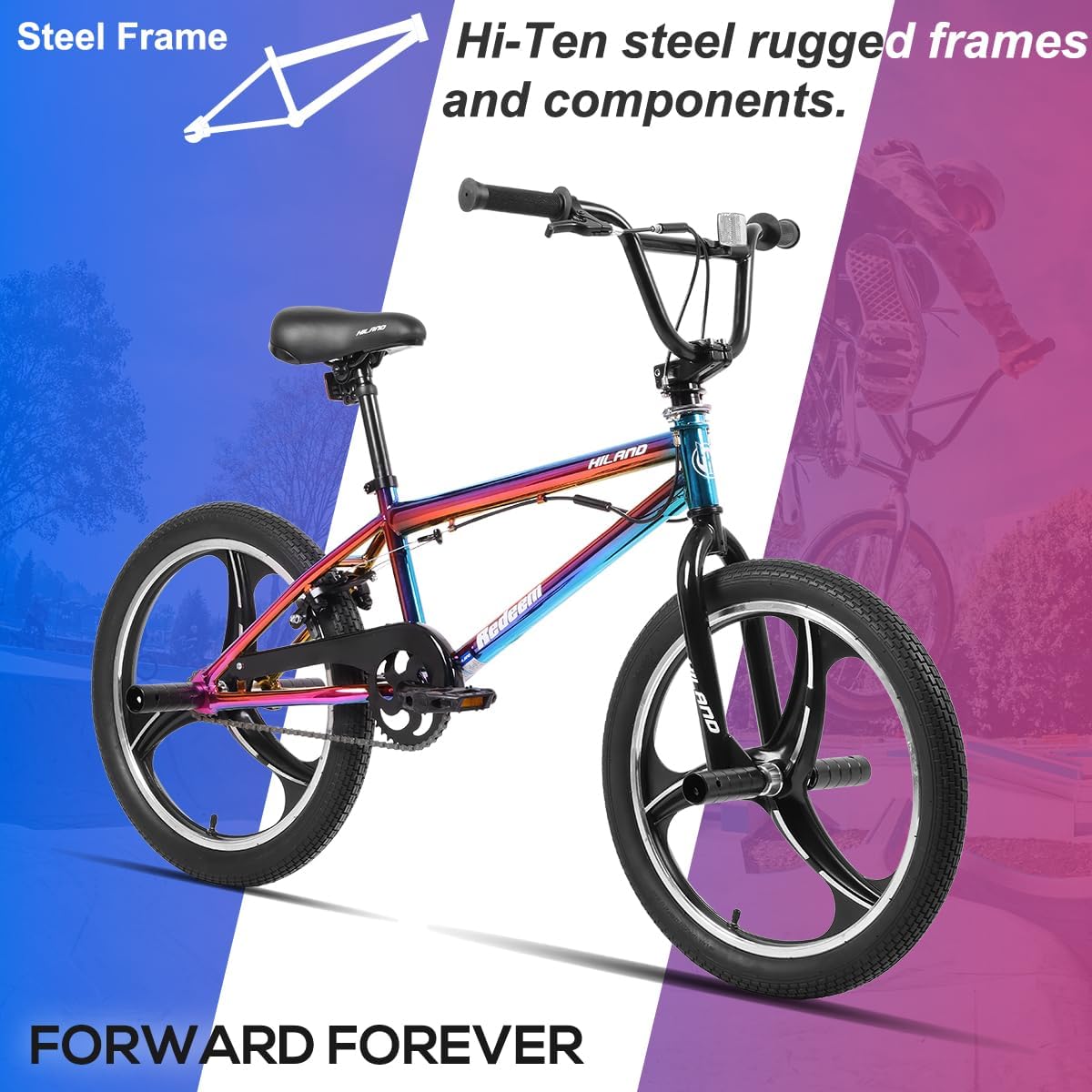 Hiland 20 Inch 3 5 Spoke Kids BMX Bike for Boys Girls Ages 5-12, 360 Degree Rotor Freestyle, 4 Pegs Single Speed Kid's BMX Bicycle, Multiple Colors