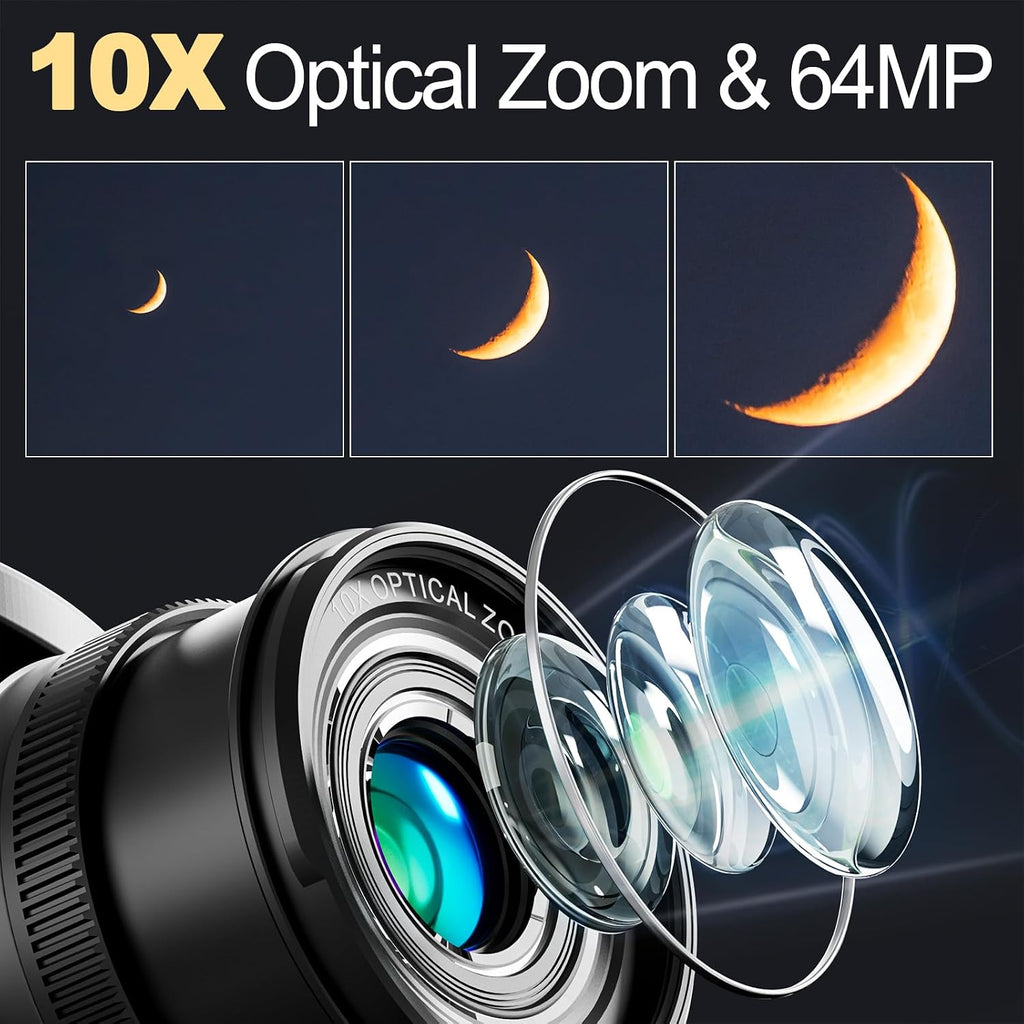 64MP Digital Cameras for Photography, 10X Optical Video Camera, 4X Digital Zoom Vlogging Camera for YouTube with Flash, WiFi & HDMI Output, 32GB SD Card(Black)