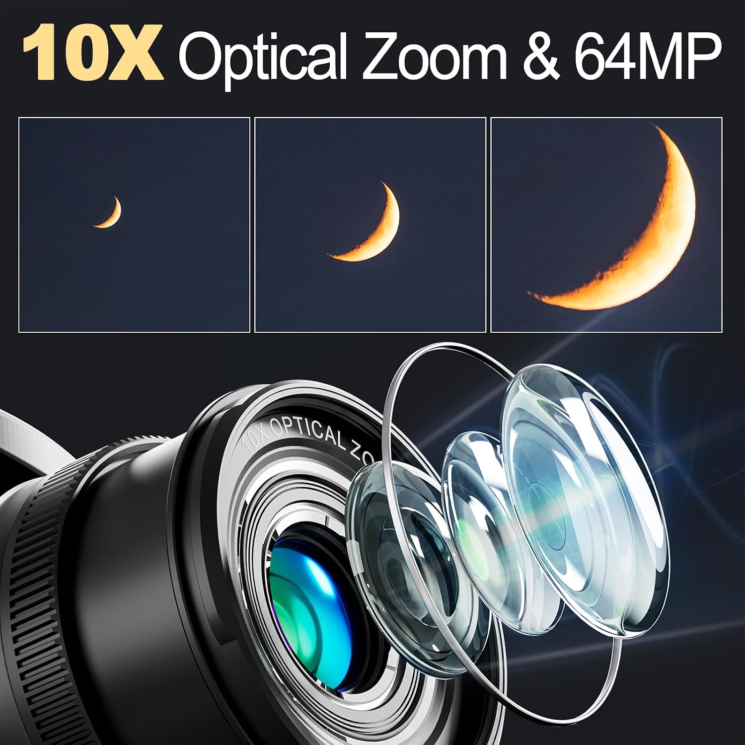 64MP Digital Cameras for Photography, 10X Optical Video Camera, 4X Digital Zoom Vlogging Camera for YouTube with Flash, WiFi & HDMI Output, 32GB SD Card(Black)
