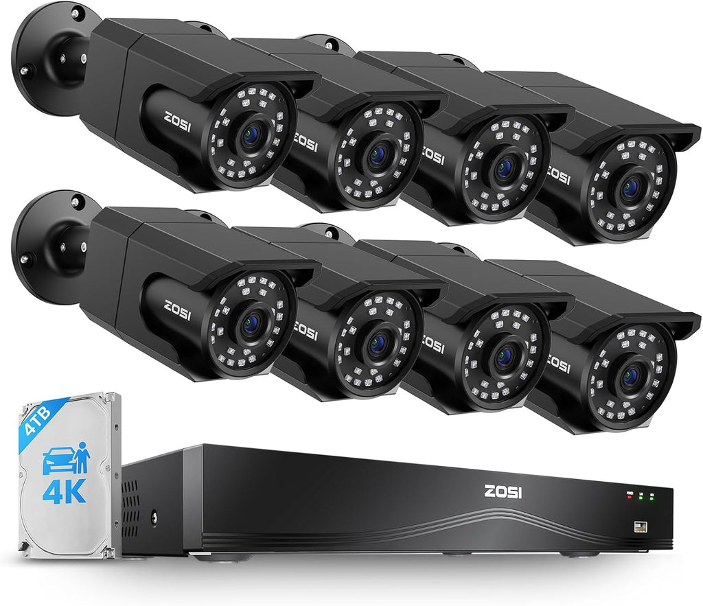 ZOSI 4K 16CH PoE Security Camera System, 8 x 8MP PoE IP Camera Outdoor Indoor with Human Detection, 100ft IR Night Vision, IP66 Weatherproof, 4K 16CH H.265+ NVR with 4TB HDD for 24/7 Audio Recording
