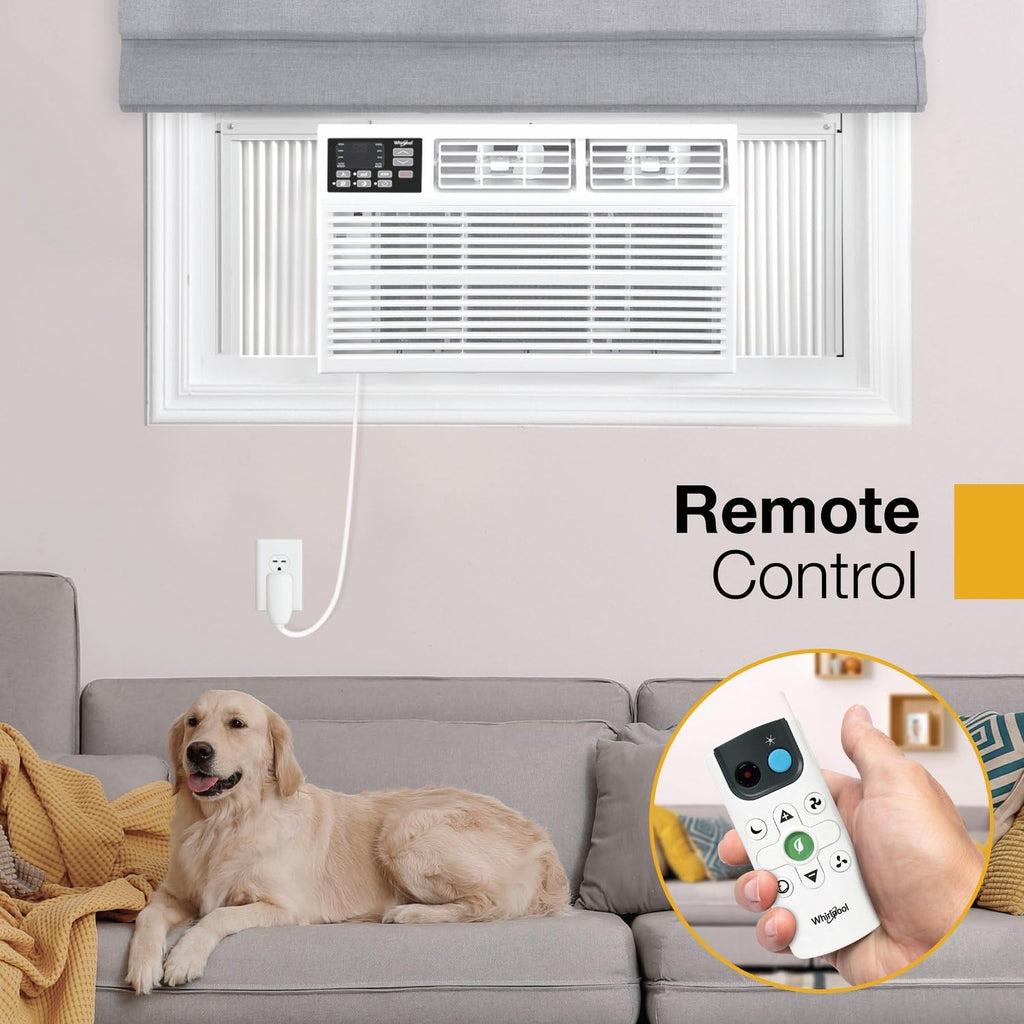 Whirlpool 18,000 BTU Window Air Conditioner with Dehumidifier, 230V, Window AC for Large Rooms up to 1000 Sq. Ft., Bedroom, Living Room, Apartment, with Remote, 3 Speeds, and 24H Timer, White