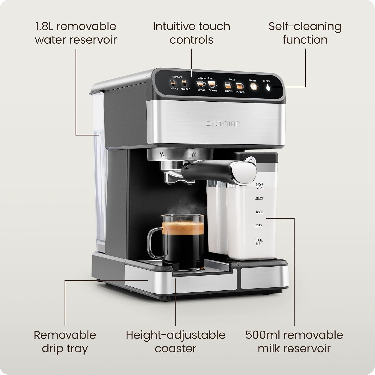 Chefman CaféMaster Pro Espresso Machine, Brew Single or Double Shots, Coffee Maker with Built-In Milk Frother for Cappuccino & Latte, XL 1.8 Liter Removable Water Reservoir - Stainless Steel