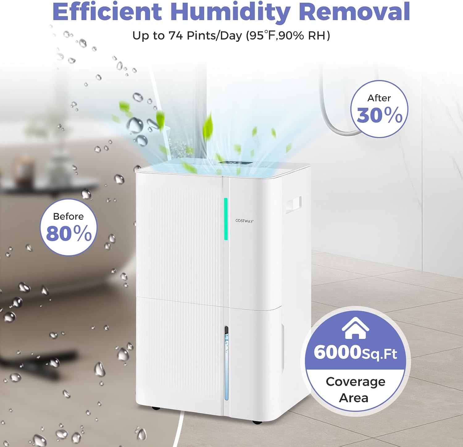 COSTWAY 74 Pints Dehumidifier for Basement, 6000 Sq.Ft Dehumidifier with 24H Timer, 3-Color Indicator, 1.2 Gallon Water Tank, Drain Hose & Wheels for Bathroom, Bedroom