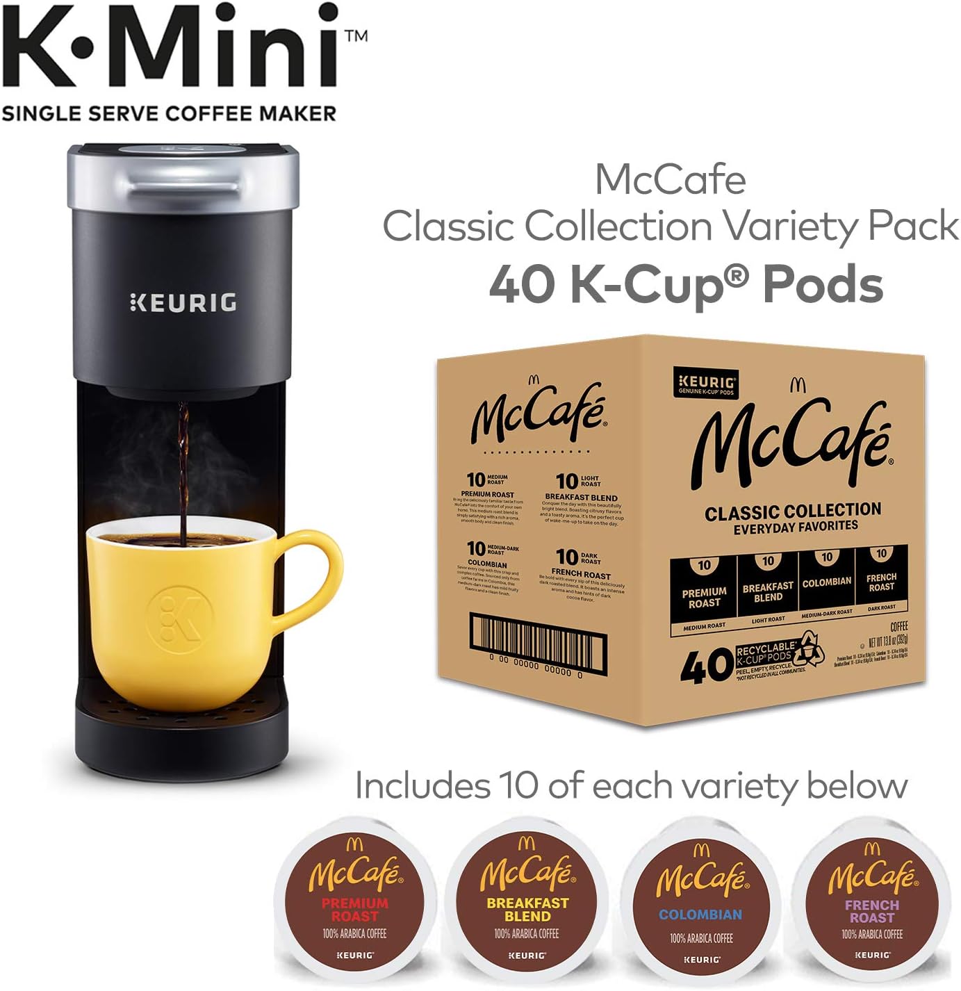 Keurig K-Mini Coffee Maker, Single Serve K-Cup Pod Coffee Brewer, Black with McCafe Classic Collection Variety Pack K-Cup Coffee Pods, 40 Count