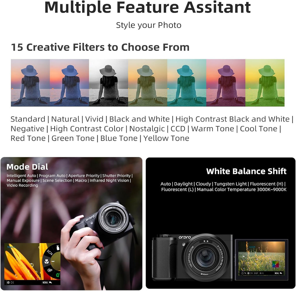 ORDRO Vlogging Camera, Digital Camera for Photography 64 MP, 12X Optical Zoom, Camera Kit: Bundle with 64GB Card, Tripod and Mic for Point and Shoot Camera