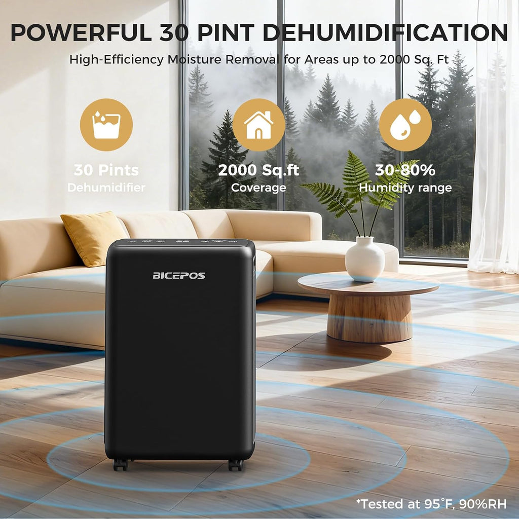 2000 Sq.Ft Dehumidifier for Basement, 30 Pints Dehumidifiers for Home with Drain Hose, 3 Mode, Auto Defrost, Intelligent Humidity Control for Bathroom, Bedroom, Large Room, Laundry, RV, Office