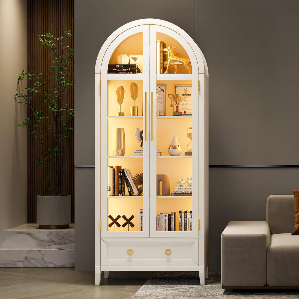 Lvifur 73' Tall Arched Display Cabinet with Glass Doors,4-Tier Curio Cabinets with 3 Color Lights for Collectibles,LED Storage Cabinet with Human Body Sensor,Ajustable Shelf for Toys, Books,White