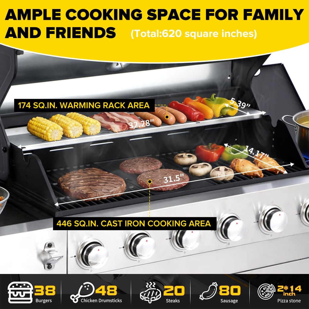 CIG GARDEN 6-Burner Propane Gas Grill with Side Burner & Lid - 73000 BTU Stainless Steel BBQ Grill with Warming Rack for Backyard, Patio, Camping Outdoor Cooking
