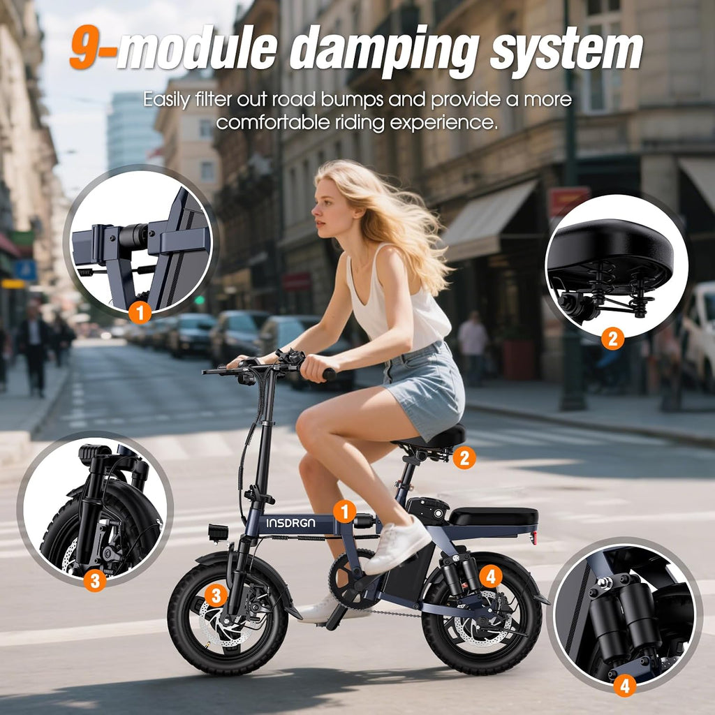 INSDRGN Electric Bike for Adults and Teens, 14' Folding E Bikes, 650W Peak Motor, 48V 499Wh/768Wh Removable Battery, 28-50 Miles PAS Range, 20MPH Electric Mountain Bike, 9 Shock Absorbers, UL 2849