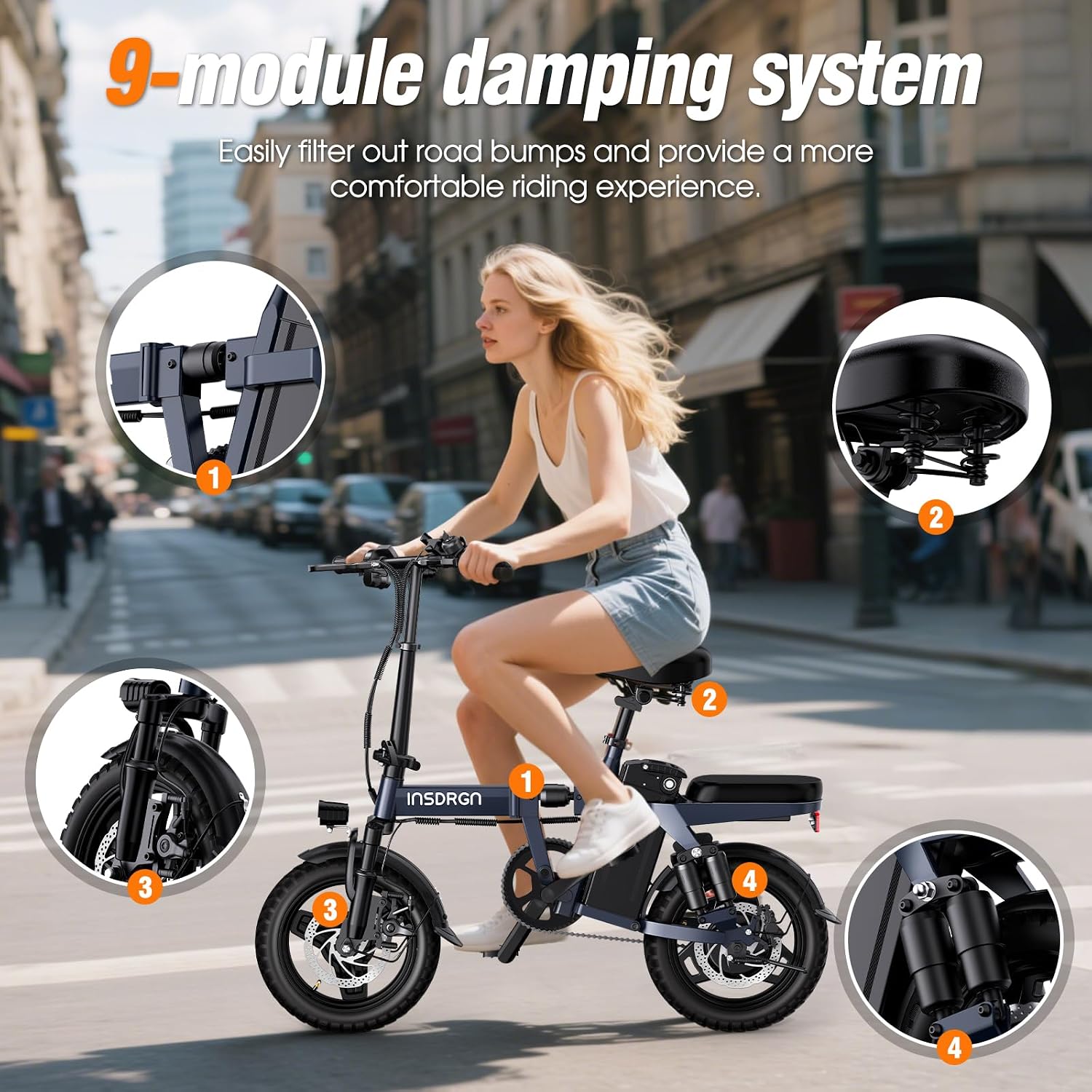 INSDRGN Electric Bike for Adults and Teens, 14' Folding E Bikes, 650W Peak Motor, 48V 499Wh/768Wh Removable Battery, 28-50 Miles PAS Range, 20MPH Electric Mountain Bike, 9 Shock Absorbers, UL 2849