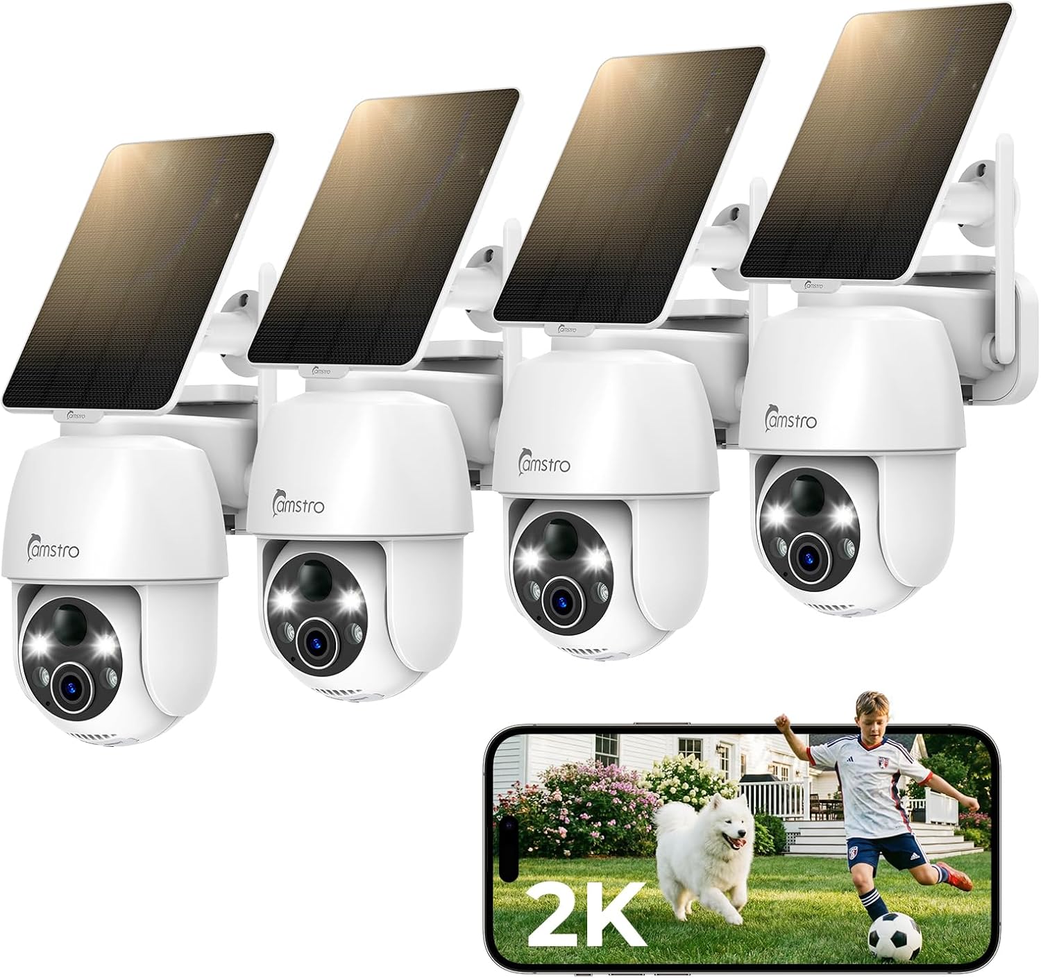 4pcs Solar Security Cameras Wireless Outdoor, 2K WiFi 6 Battery Cameras System, 360°View, PIR/AI Motion Detection, Color Night Vision, 2-Way Talk, IP66, Alexa/Google Assistant, No Monthly Fee