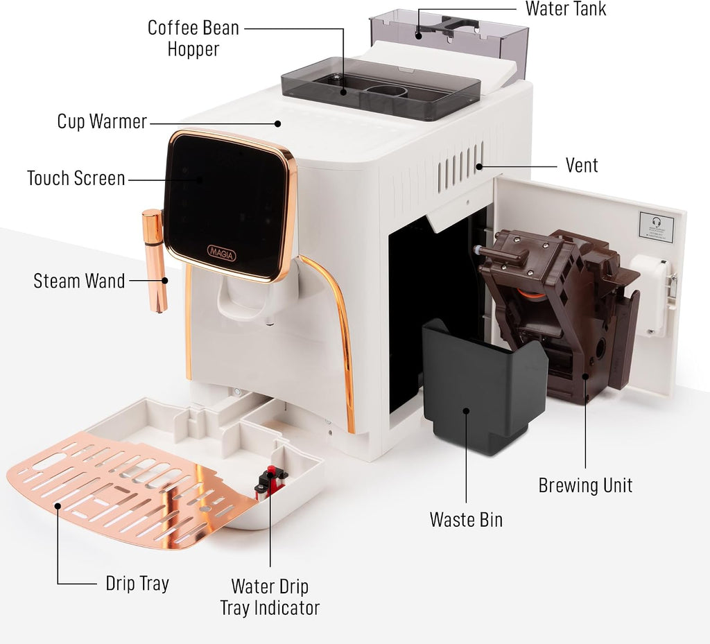 Zulay Kitchen Magia Clasica - Fully Automatic Espresso Machine With Grinder - Touch Screen Coffee Maker With One-Touch Operation - Milk Foam System For Latte, Cappuccino, Macchiato - Cream Copper